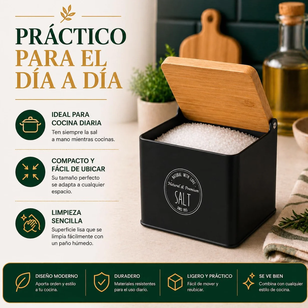 Salero de Cocina con Tapa de Bambú 11x14x11 cm Estructura Metálica Tapa Abatible Negro