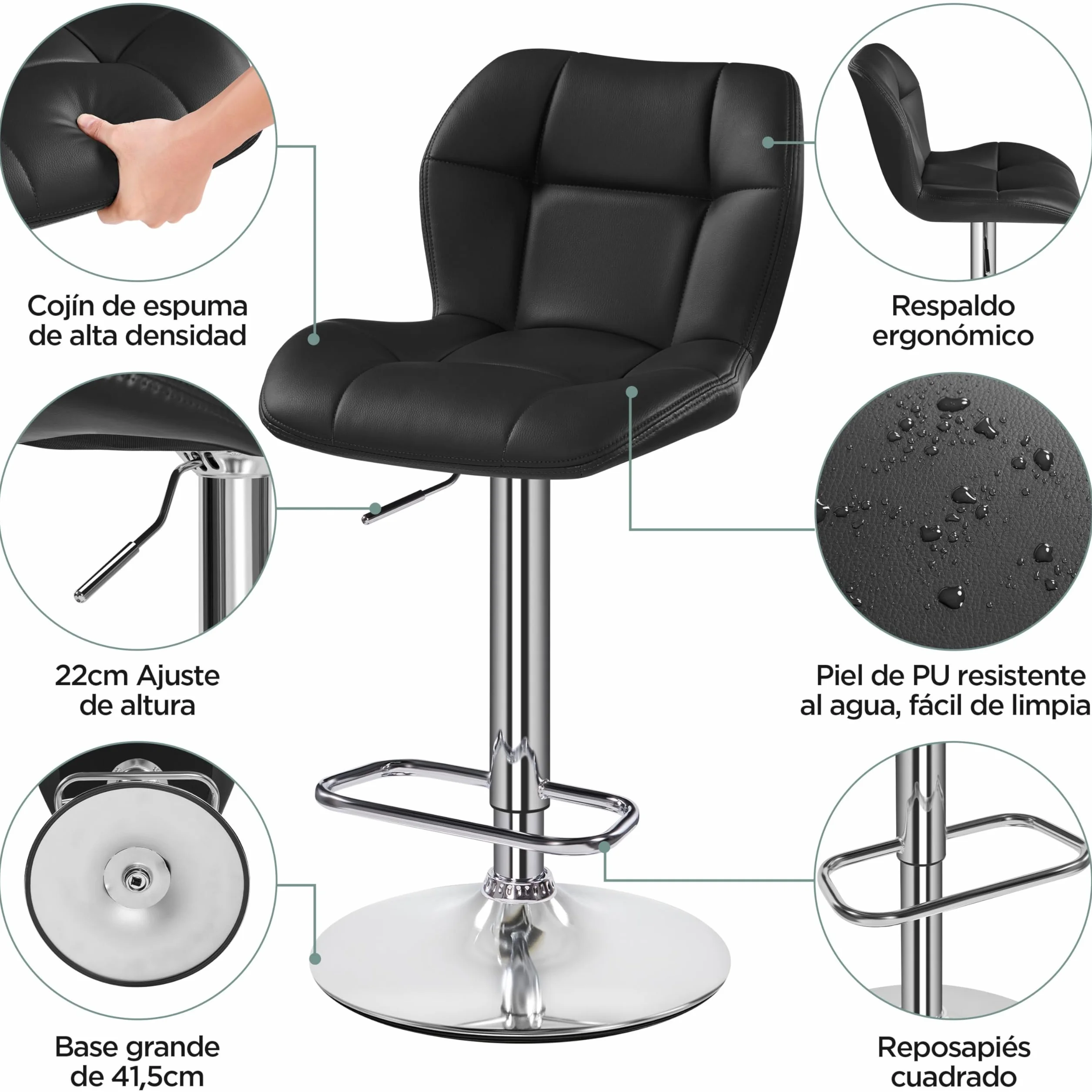 Yaheetech Juego de 4 Taburetes de Bar Altos de Cocina de Polipiel, Altura Ajustable, Giratorio 360° con Respaldo y Reposapiés, Negro