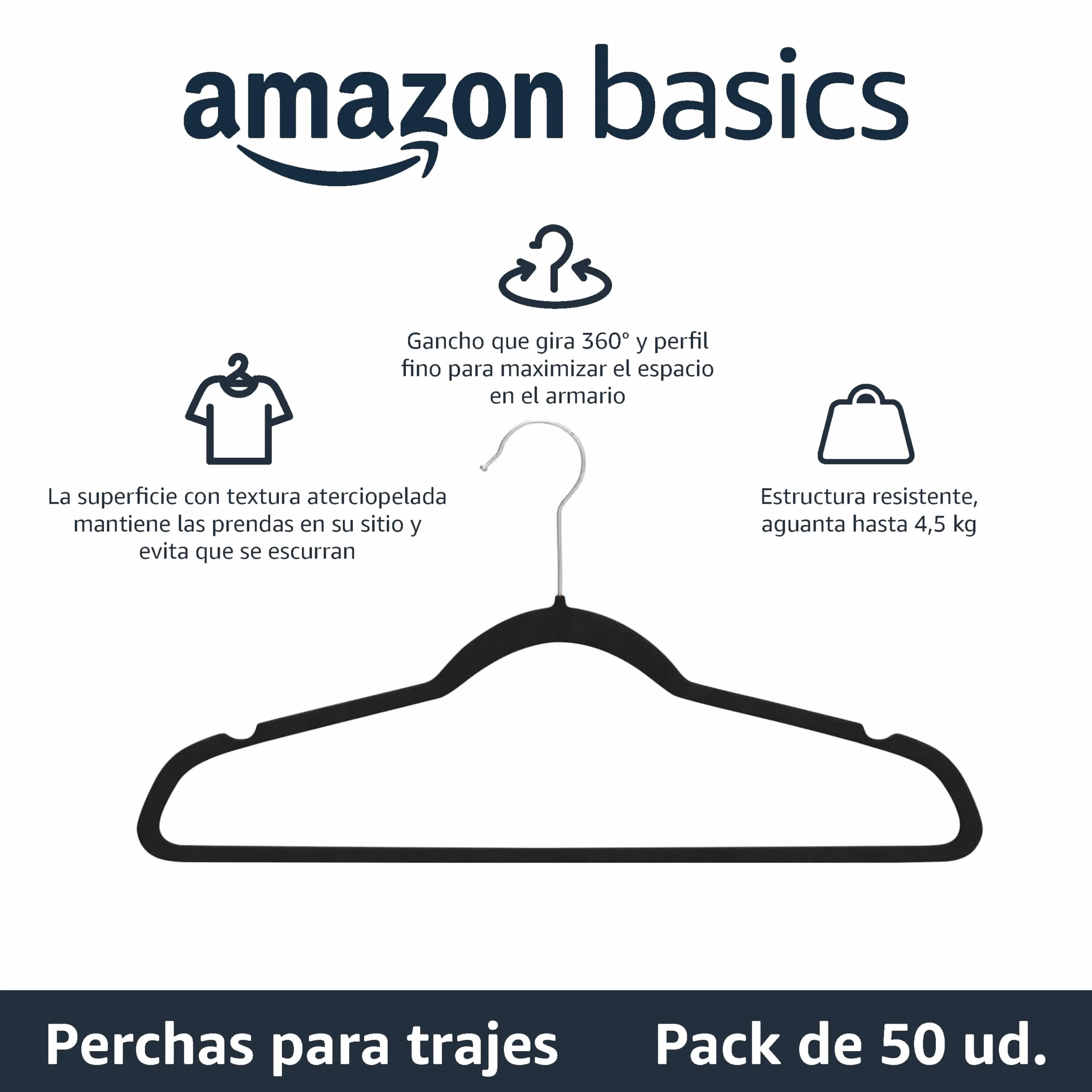 Amazon Basics Perchas de terciopelo para trajes Paquete de 50 Negro
