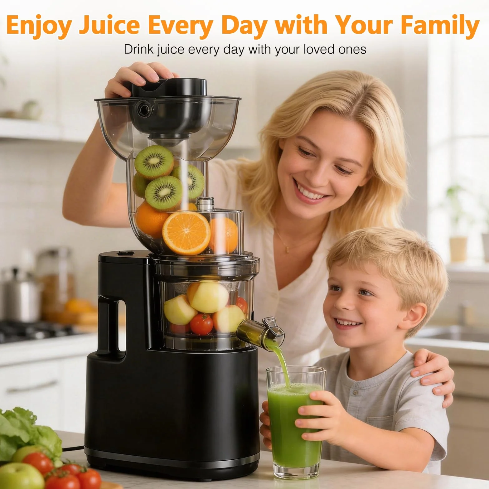 Extractor de Zumos y Verduras, 500W Licuadora Prensado en Frio para Verduras Frutas Enteras, Slow Juicer con Apertura Extractor de 170mm, Fácil Montaje y Limpieza, Sin BPA, Alto Rendimiento de Zumo
