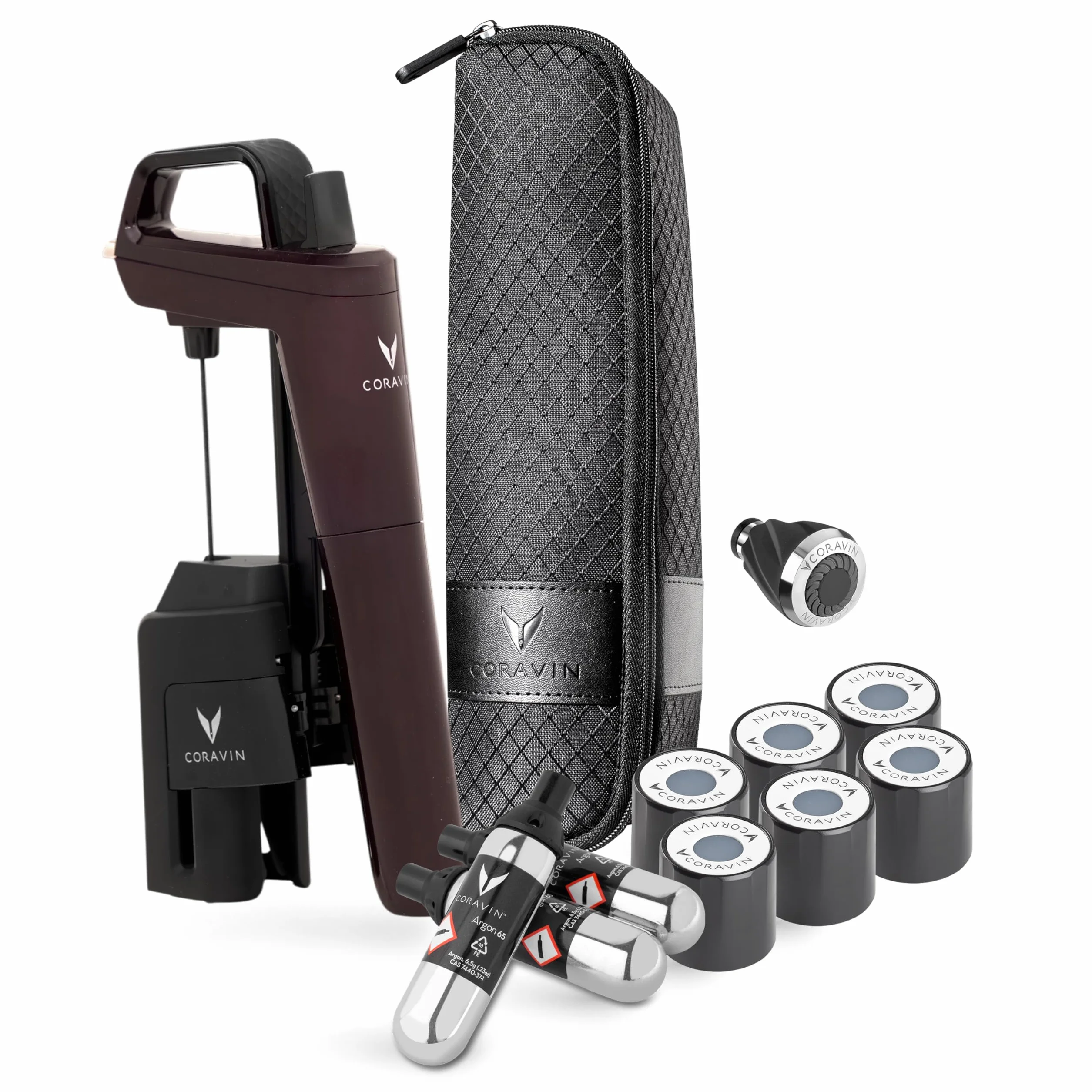 Coravin Timeless Six Plus - Sistema de conservación de vino – Protector de vino por copa – con 3 cápsulas de gas argón puro, 6 tapas de rosca y aireador de vino, edición limitada Hermitage Red
