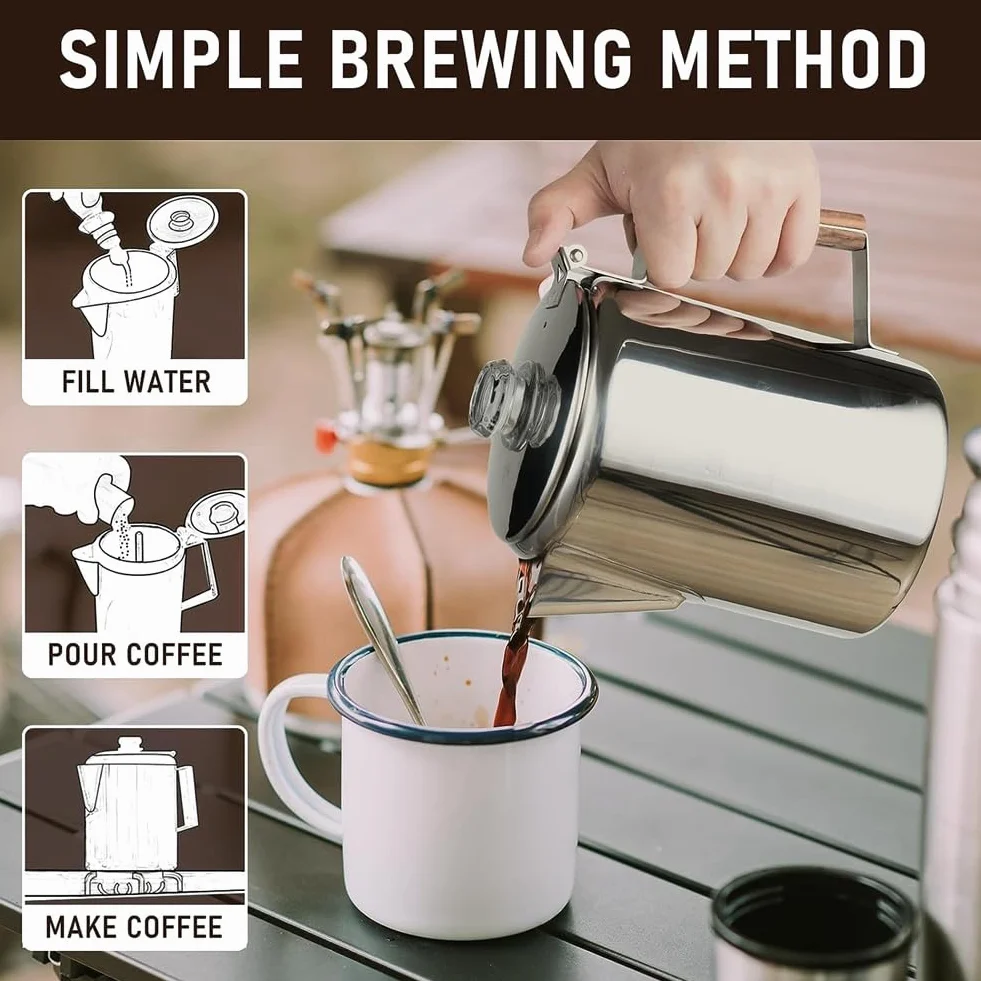Cafetera Percoladora de Café Acero Inoxidable 9 Tazas para Exteriores Hogar