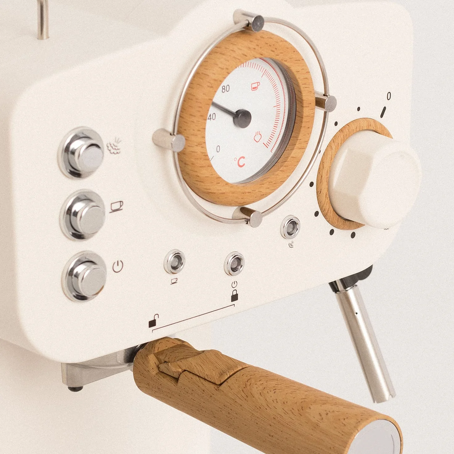 CREATE / THERA RETRO/Cafetera Express Semiautomática blanco mate y madera / 20 bares, brazo doble salida, depósito 1,25L, café molido y monodosis ESE 55mm, con vaporizador, 1100W