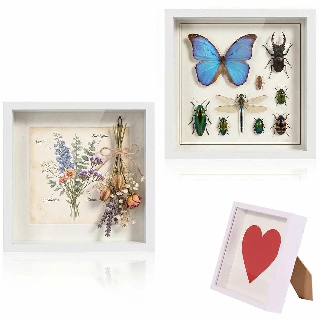 Marco 3D, 10x10cm Blanco, 2 Piezas Profundidad 3cm, Marco Objeto Rellenable, Shadow Box para Fotos, Flores, Recordatorios, DIY