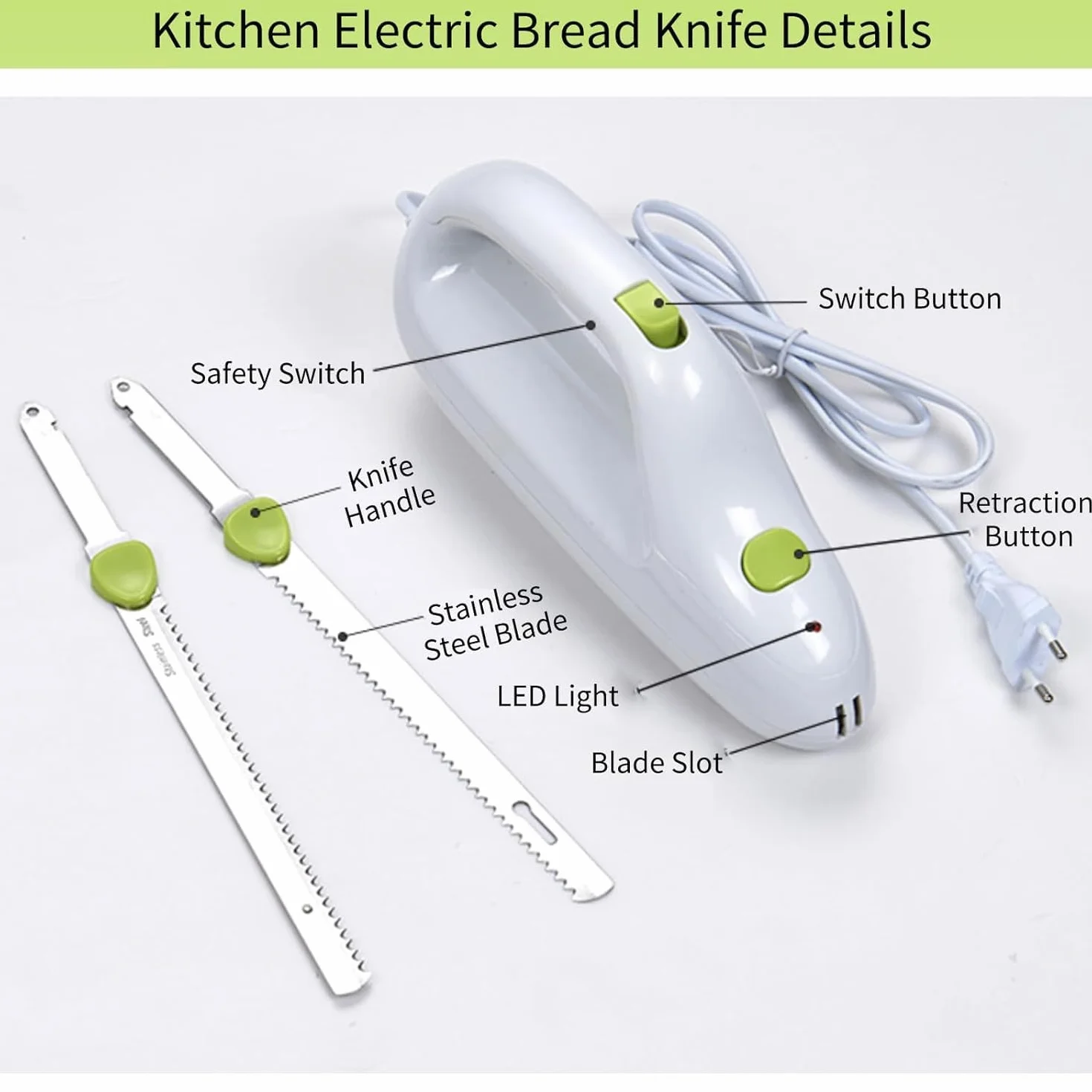 Cuchillo Eléctrico Dentado Zerodis, Cortador De Carne Portátil, Ideal Para Pan, Carne Congelada, Jamón, Tomates Y Pavo, Mango Ergonómico, Ligero Y Fácil De Limpiar