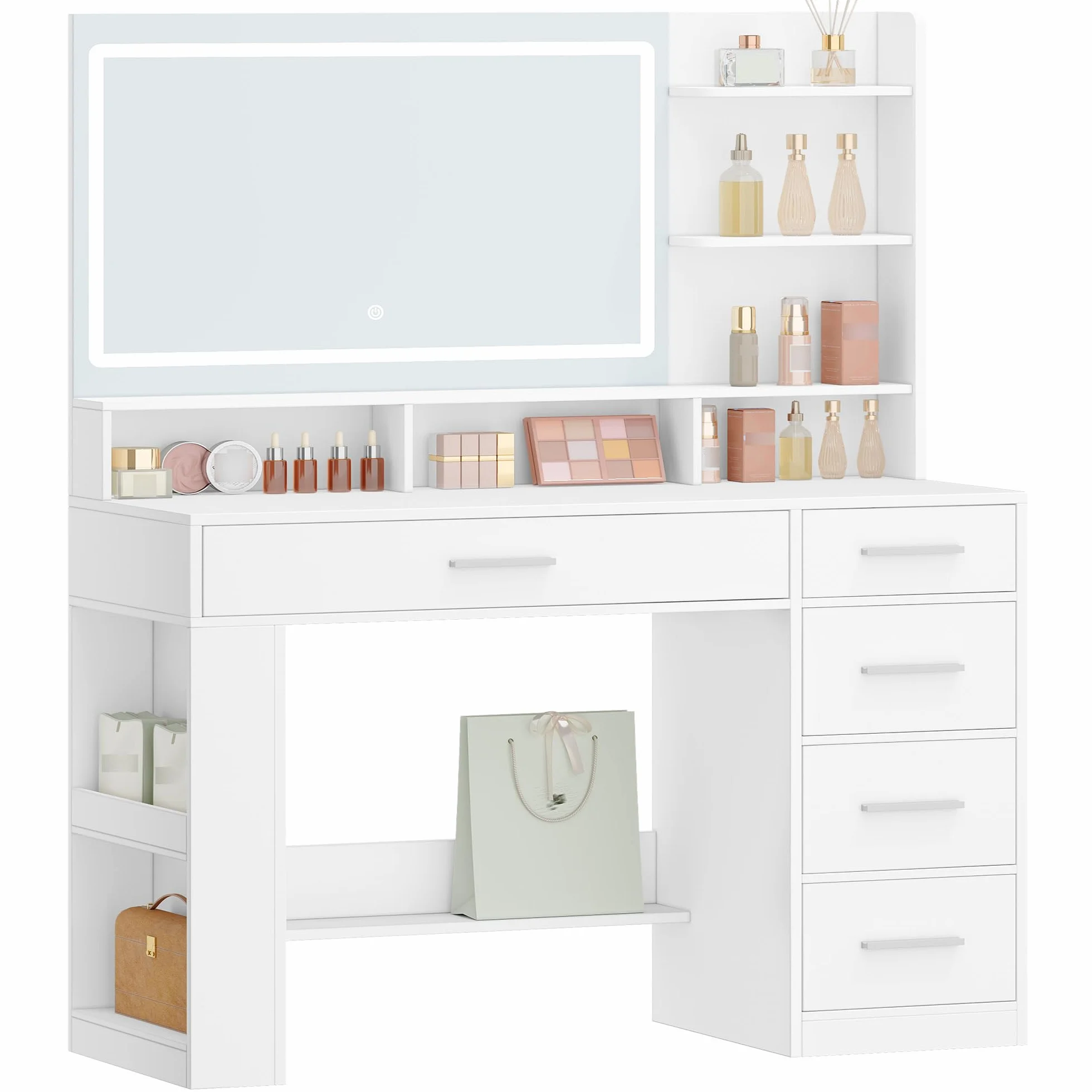 Hzuaneri Tocador con Espejo HD Grande, tocador de Maquillaje con luz LED, 6 Compartimentos Abiertos, 5 cajones y Espacio de Almacenamiento Lateral, 40 x 108 x 138 cm, Blanco DT44003XEU