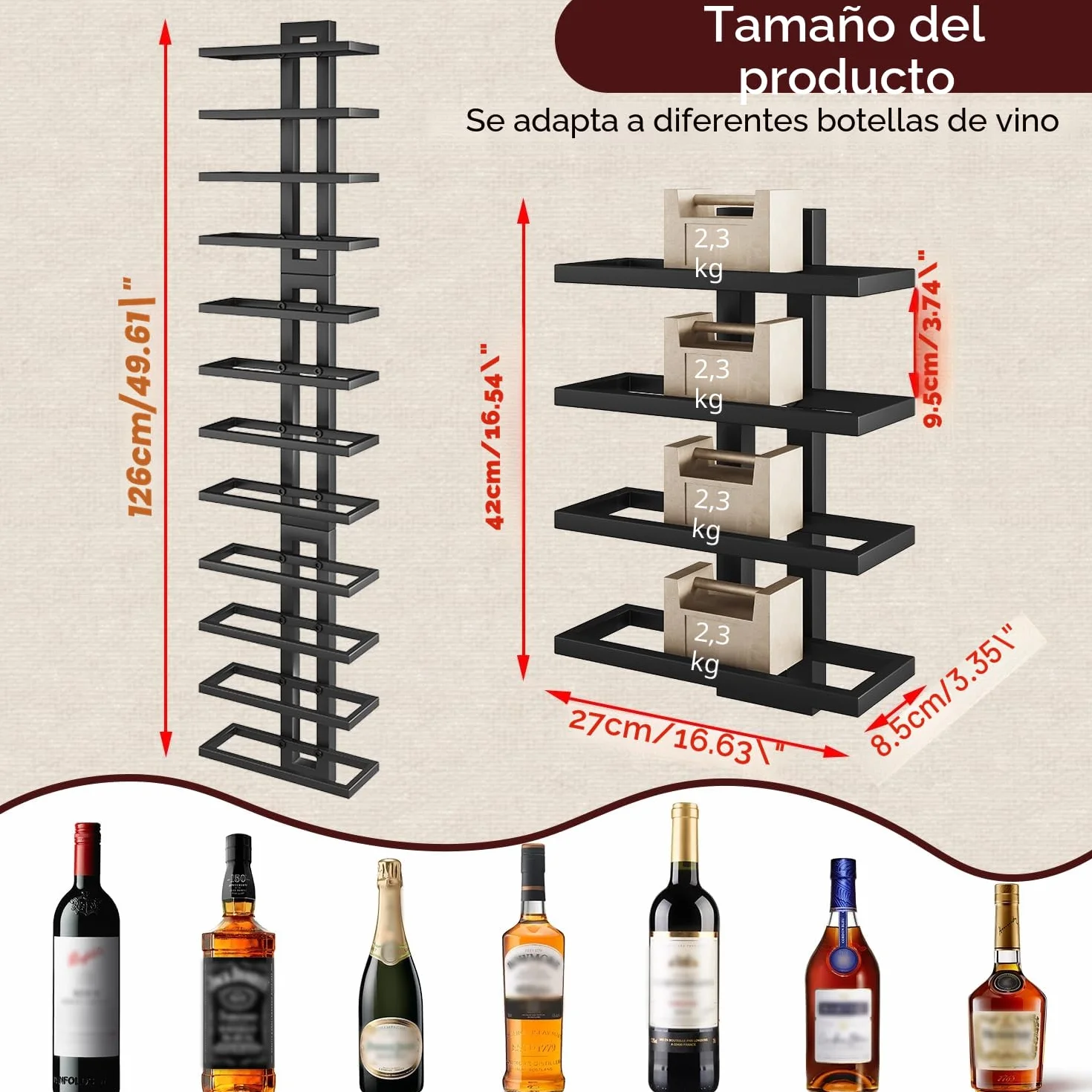 IBUYKE Botellero Pared para 12 Botellas, Botellero Vertical de Metal para Botellas de Vino,Licores, Champán,Estante de Vino Montado DIY para Cocina, Comedor, Bar, Negro, TMJ909B