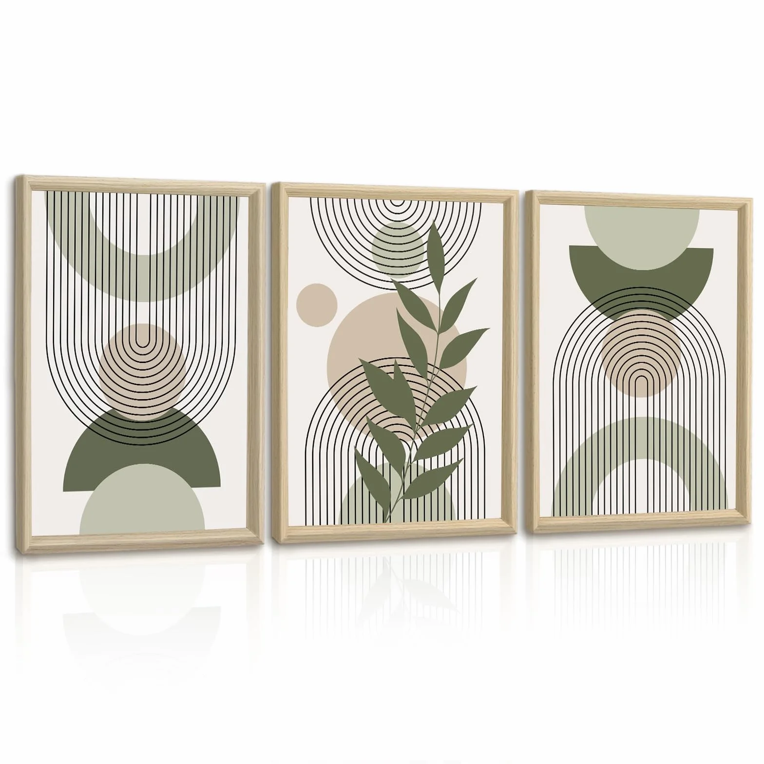 3 Pcs Boho Verde Planta Hoja Cuadros Decoracion Modernos Con Marco, Estética Geométrica Líneas Cuadros y Láminas Nórdico Minimalista Pintura Lienzos Decorativos Para Salon Dormitorios Cocina 40X60cmX3