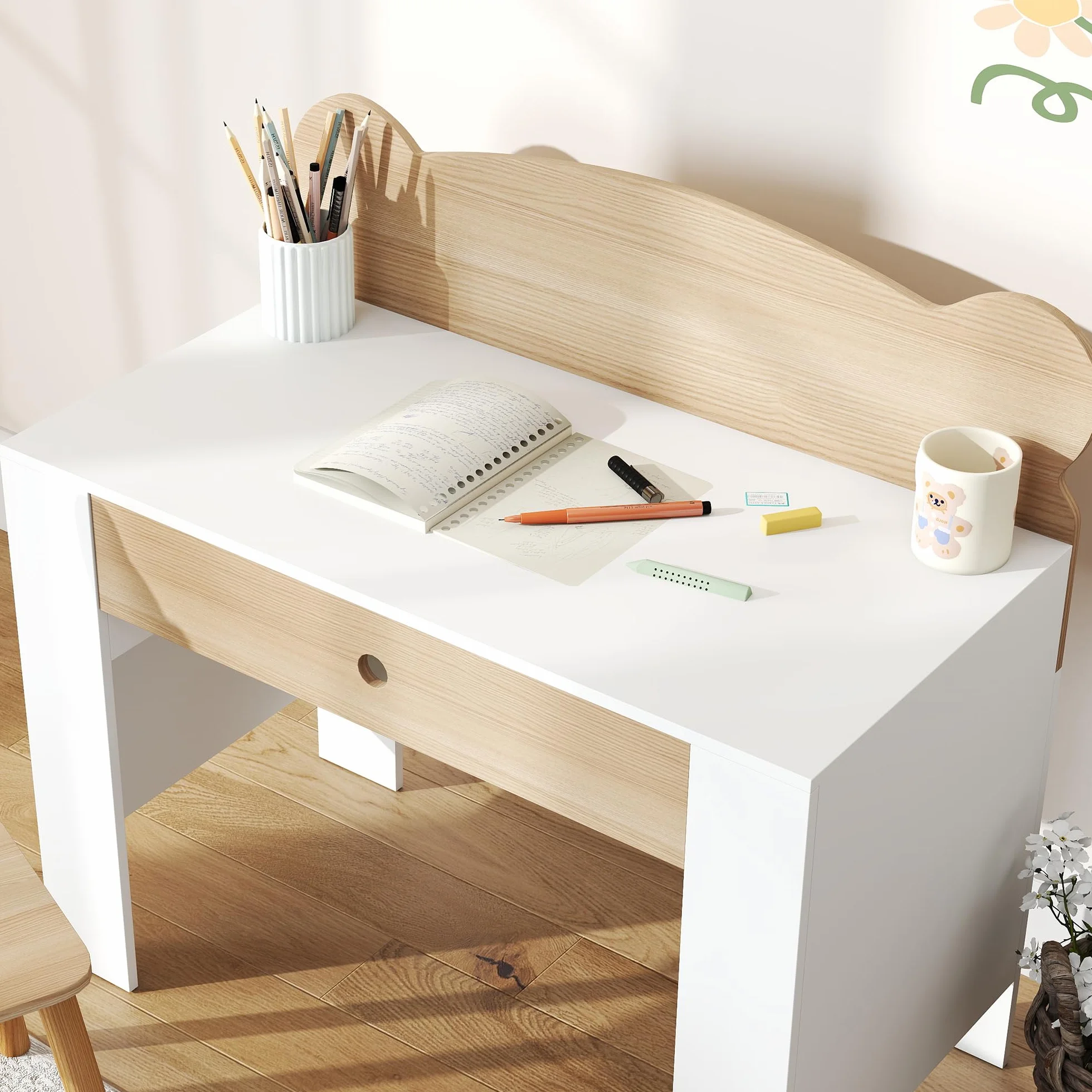AIYAPLAY Escritorio Infantil con Silla Osito Mesa Niños Cajón Estudiar Dibujar Leer Pupitre Estudio Dormitorio Sala Natural
