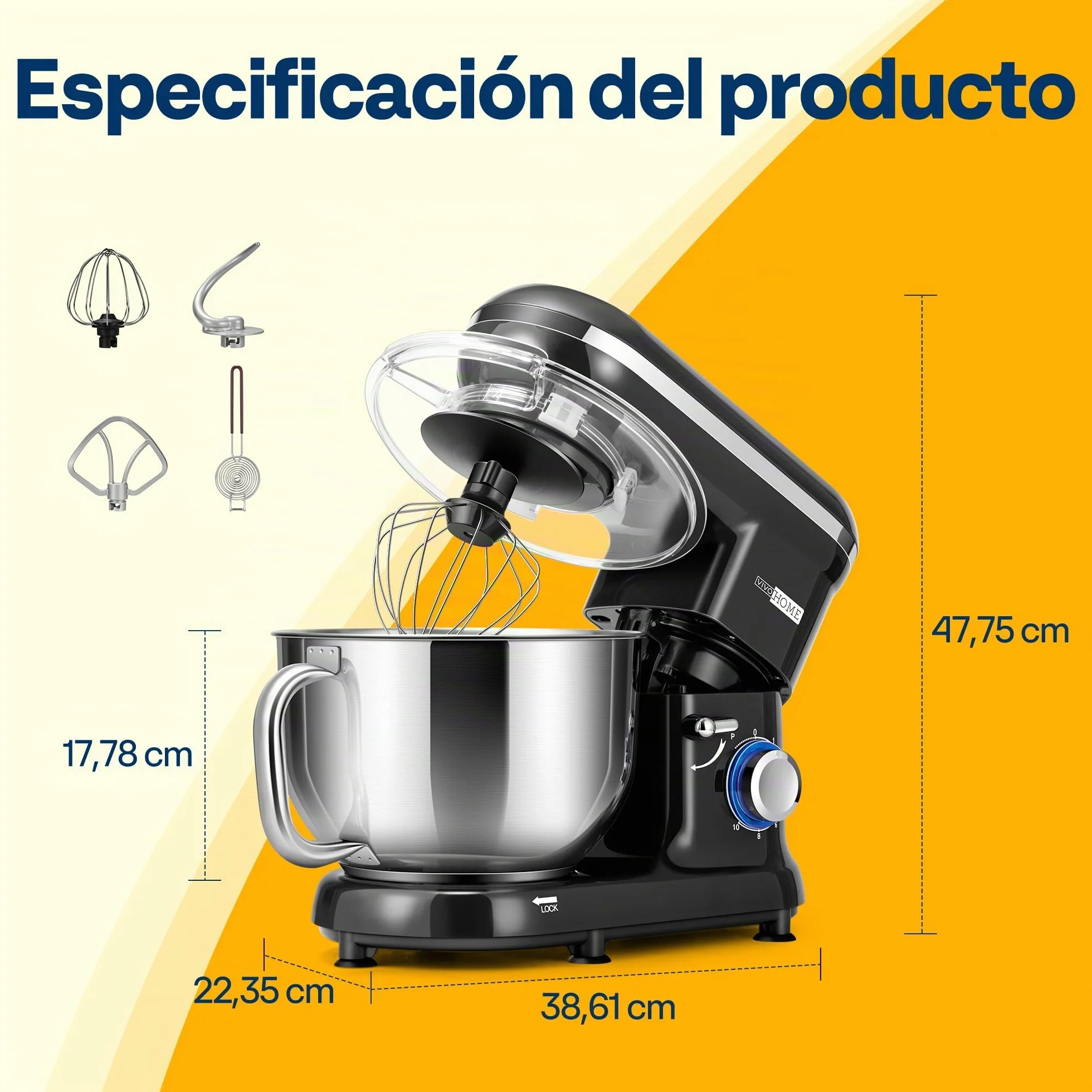 VIVOHOME Batidora Amasadora 10 Velocidades 1500W 5,7L para Repostería Profesional, Amasadora de Pan Varillas Multifunción Bol de Acero Inoxidable, Negro