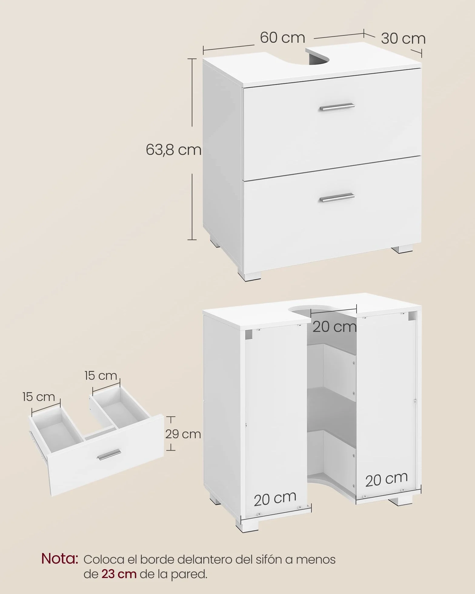 VASAGLE Custos Collection Mueble Bajo Lavabo Móvil 2 Cajones 30 x 60 x 63,8 cm Blanco Nube