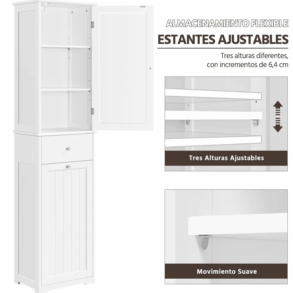 Yaheetech Armario de de Baño Alto Mueble Auxiliar de Baño 45x30x180 cm Armario Estrecho con 1 Armario Cerrado de 3 Estantes Ajustables 1 Cajón y 1 Cesta de Lavandería Blanco