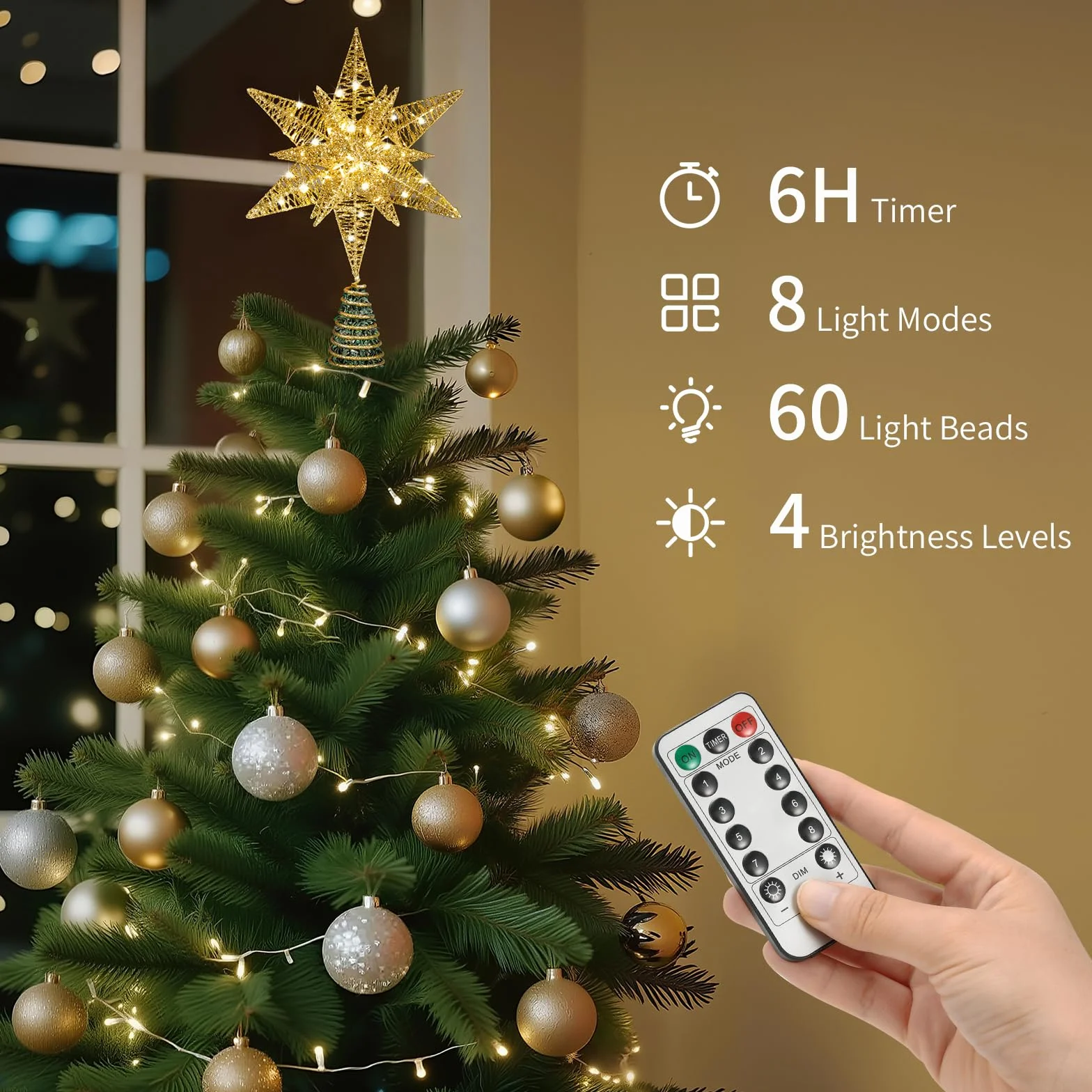 Lewondr Estrella para Copa del Árbol, 28CM Adorno para Árbol de Navidad con 8 Modos de Luces por USB con Mando a Distancia & Temporizador, Gran Topper Árbol Decoración Navideña del Hogar, Oro