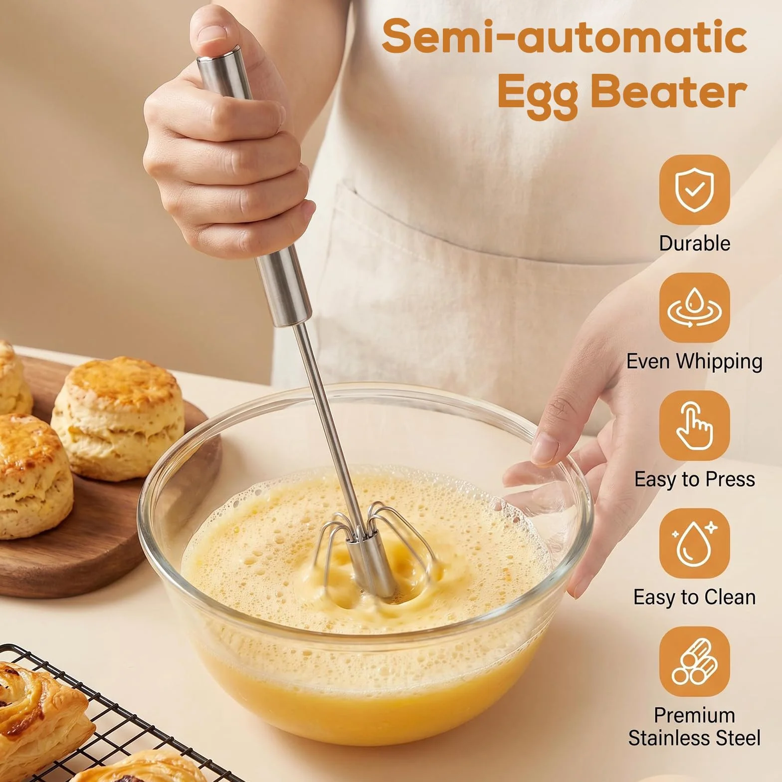 Batidor Manual semiautomático de Acero Inoxidable, Varillas Cocina Multifuncional para batir Huevos, espumar Leche y Mezclar Ingredientes en el hogar