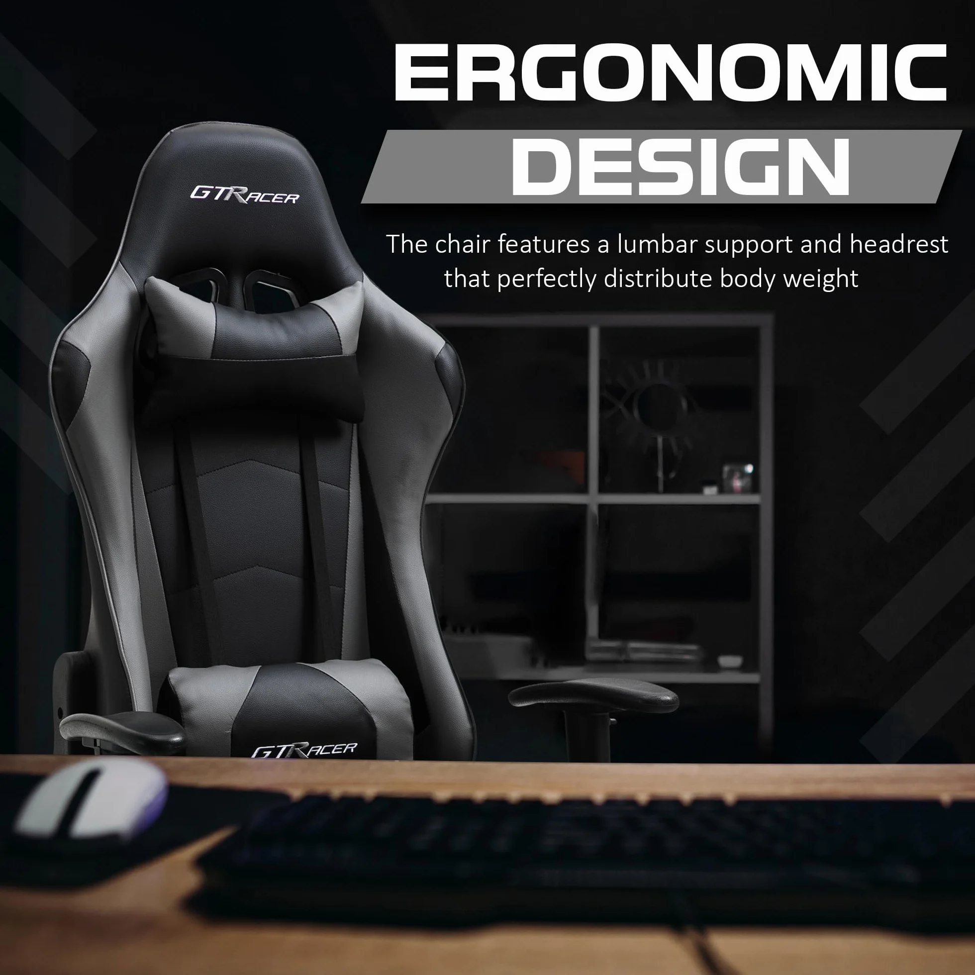 GTRACER Pro Gaming - Silla de oficina ergonómica con reposabrazos ajustables, piel sintética, incluye cojín lumbar y almohada (negro y gris)