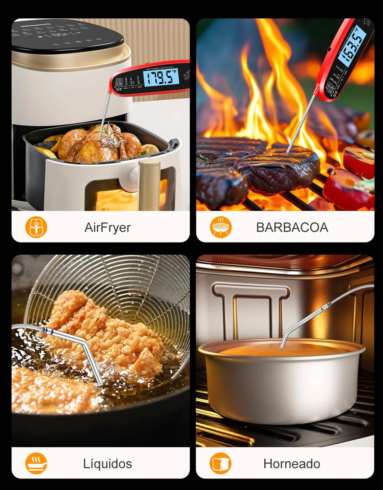 Babacom Termometro Cocina Digital Lectura Instantáneo, Meat Thermometer con 2 Sondas,Calibración y Pantalla Retroiluminada. Termómetro Carne Ideal Para Vino y Cerveza,Horno,Parrilla y Freidora de Aire