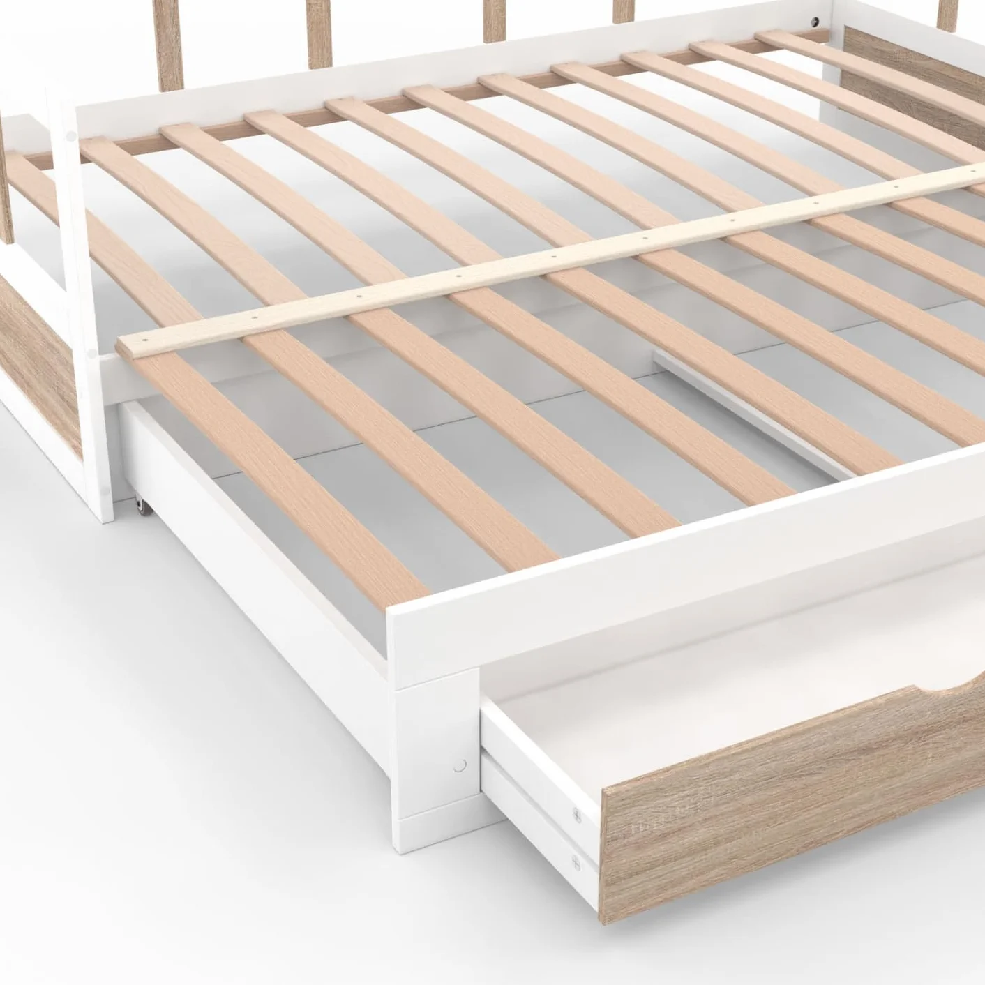 IDMarket - Cama tapizada 90 x 190 cm Zoya desplegable, 180 x 190 cm, Blanco y haya con 1 cajón