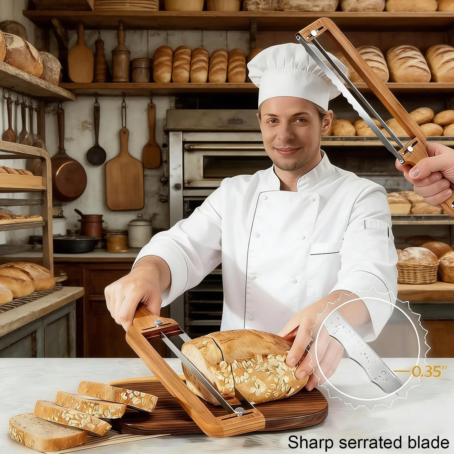 Cuchillo de Pan Profesional de 28 cm, Cuchillo Panero con Mango de Madera para Cortar Pan, Baguettes y Hogazas, Cortador de Pan Manual de Alta Precisión