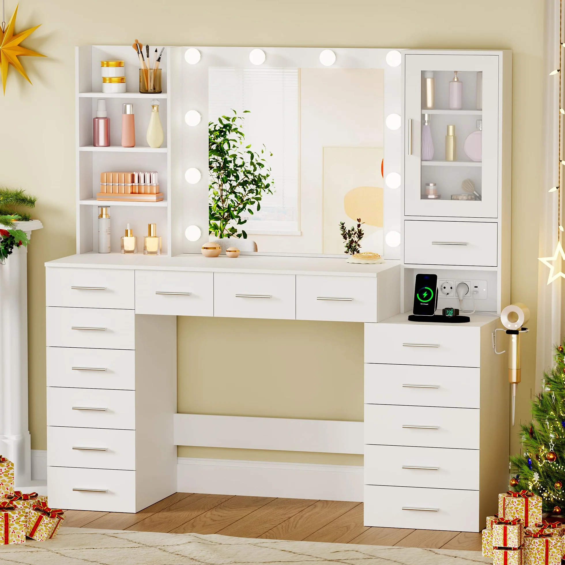 ANWBROAD Grande Tocador con luz LED, Brillo Regulable,Tocador de Maquillaje con Espejo y Enchufes, Mesa de Maquillaje con 15 cajones y 7 Estantes Abiertos para Dormitorio,Blanco Moderno BDT37W