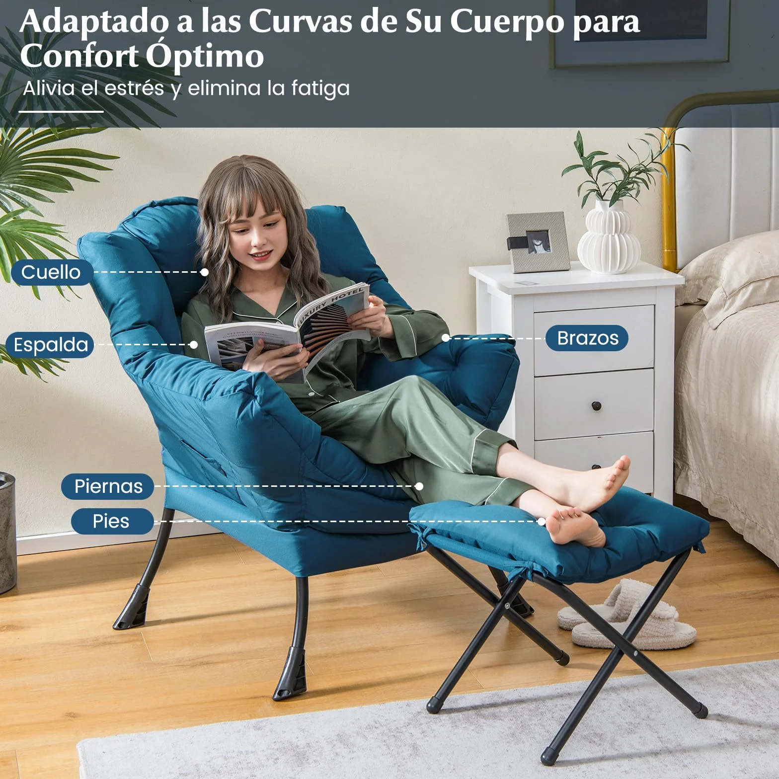 COSTWAY Sillones para el Salón con Reposapiés, Butaca Dormitorio con Almohada, Reposabrazos, Bolsillo Lateral, Sillón de Relax Sala Dormitorio Oficina (Azul)