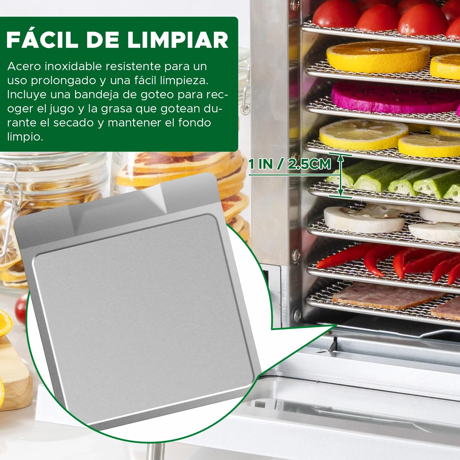 Kwasyo Deshidratador de Alimentos 8 Bandejas Acero Inoxidable 700W Temperatura 30-85℃ Temporizador 24h