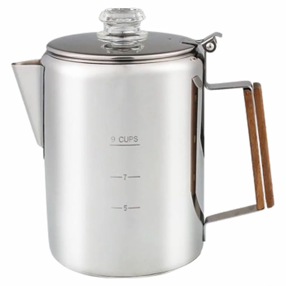Percolador de café de acero inoxidable 9 tazas para fogata, camping con mango de madera compatible con inducción