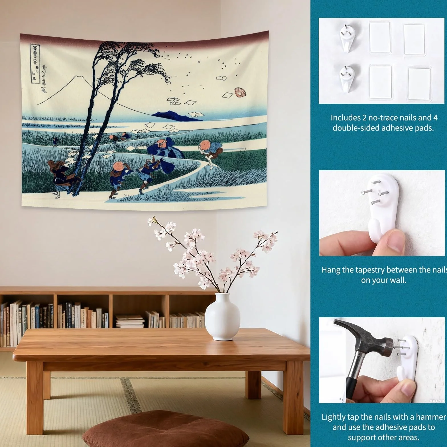 YONGFOTO Tapiz Japones Ukiyo-e Monte Fuji 36 Vistas Habitación Colgar de la Pared Ejiri en la provincia de Suruga Mural Japonesa Pintura Hokusai Cuadro 100x70cm