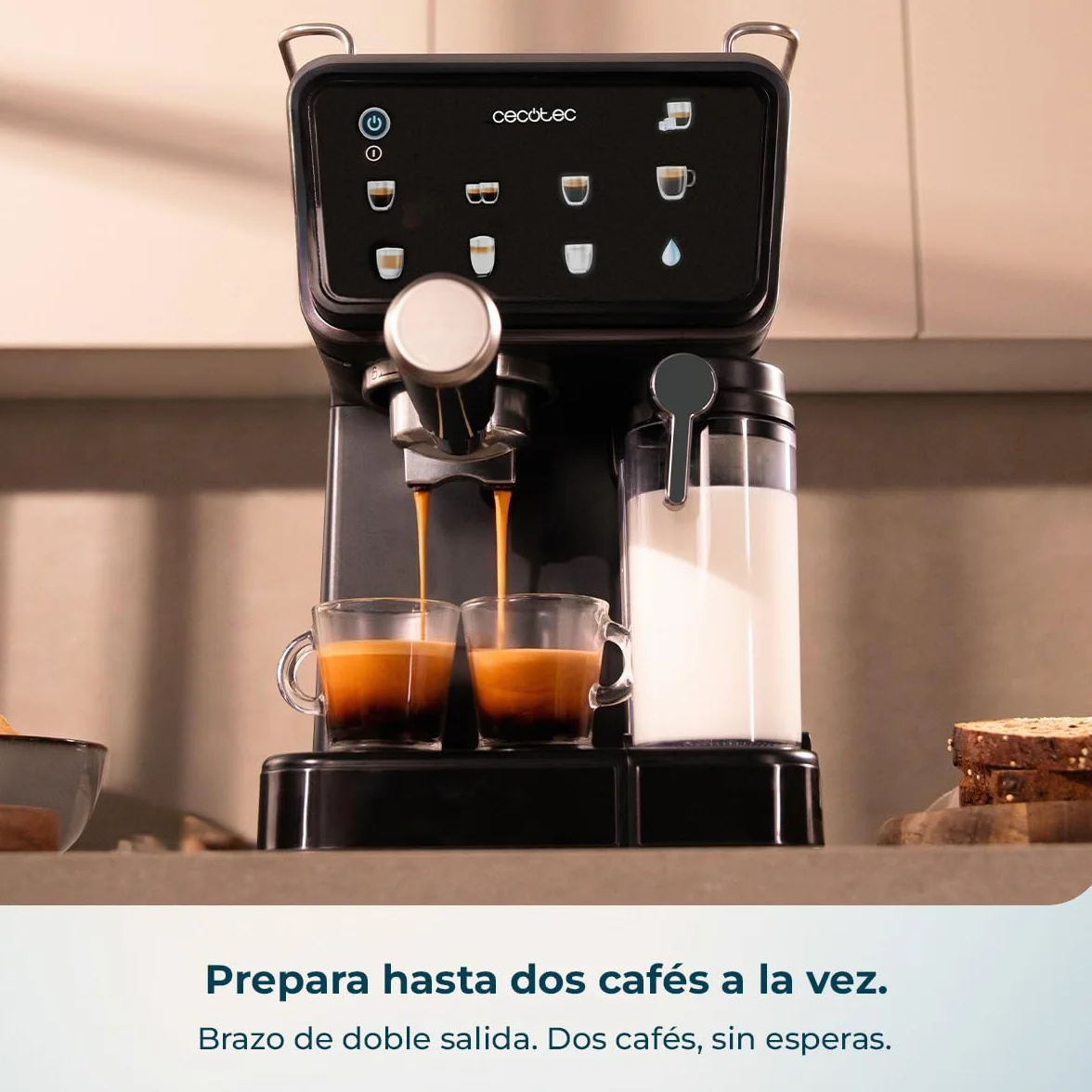 Cecotec Cafetera Express Semiautomática Power Espresso 1350W 20 Bares Pantalla Táctil 1.5L Depósito Agua 500ml Leche