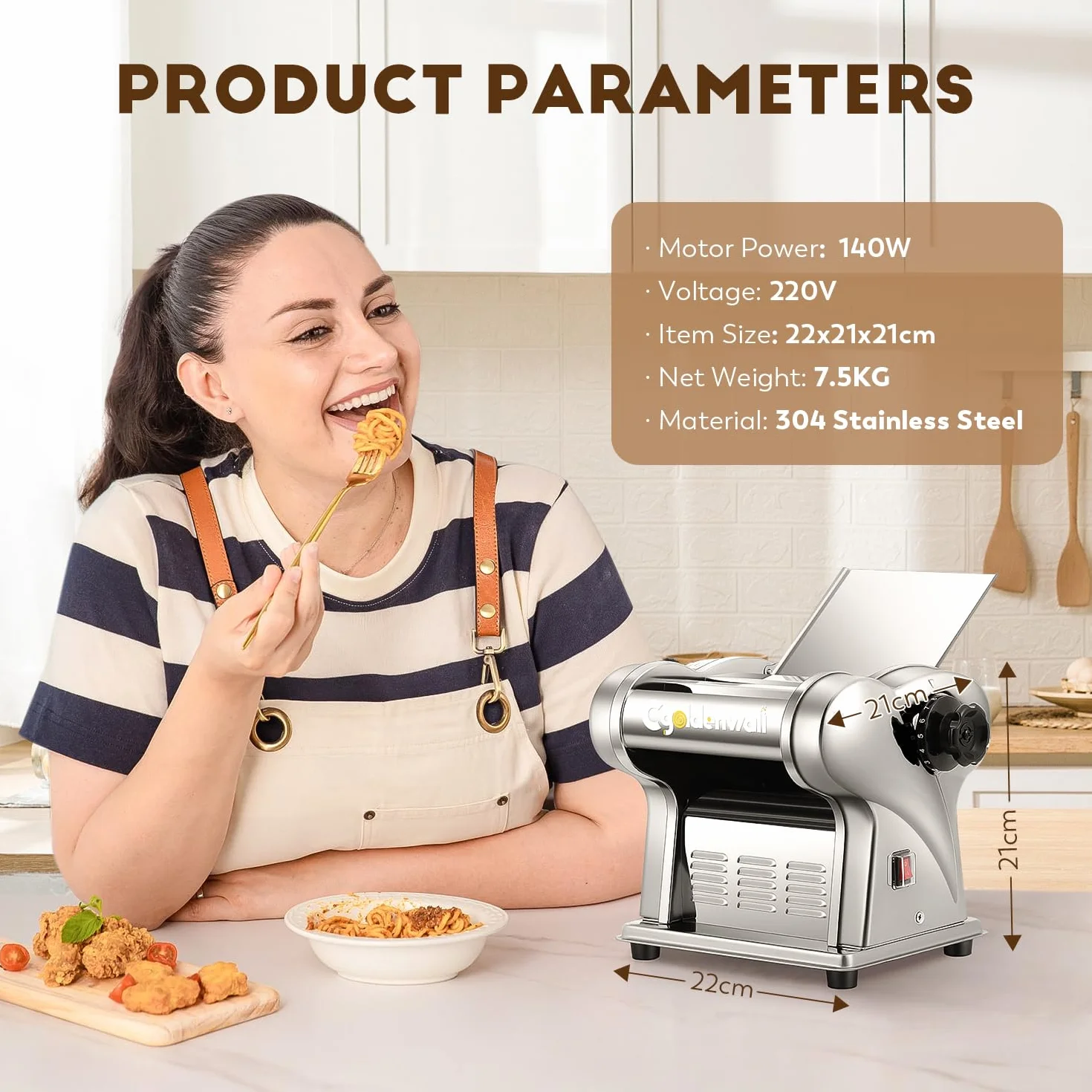 CGOLDENWALL Máquina de Pasta Eléctrica, Motor de 140W con 2 Cuchillas (1.5 mm/4 mm) y 9 Grosores Ajustables de 0.3-3 mm, Acero Inoxidable para Hacer Fideos Fresca Casera