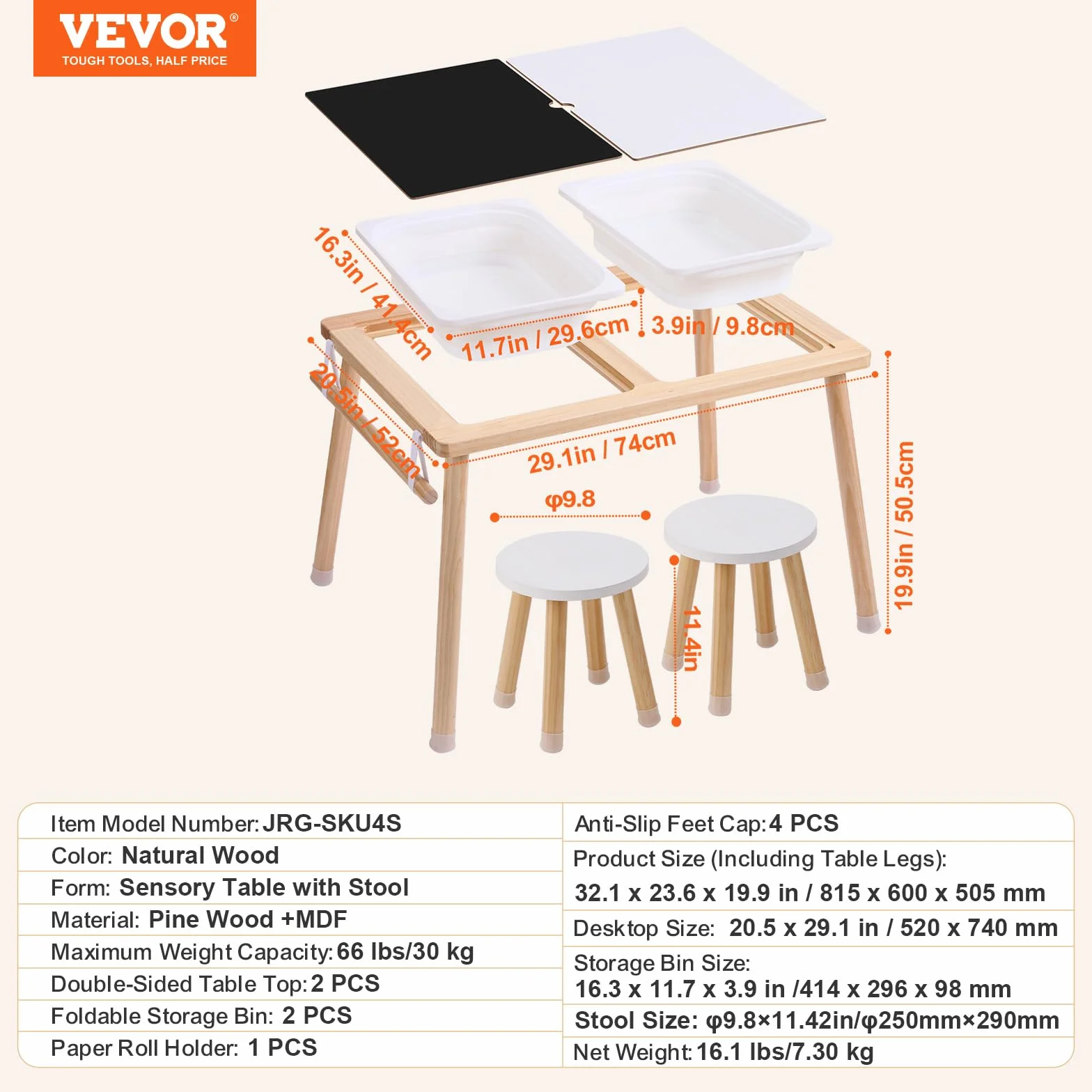 VEVOR Mesa Sensorial para Niños con 2 Taburetes, Contenedores y Soporte para Rollos de Papel, Juego de Agua y Arena