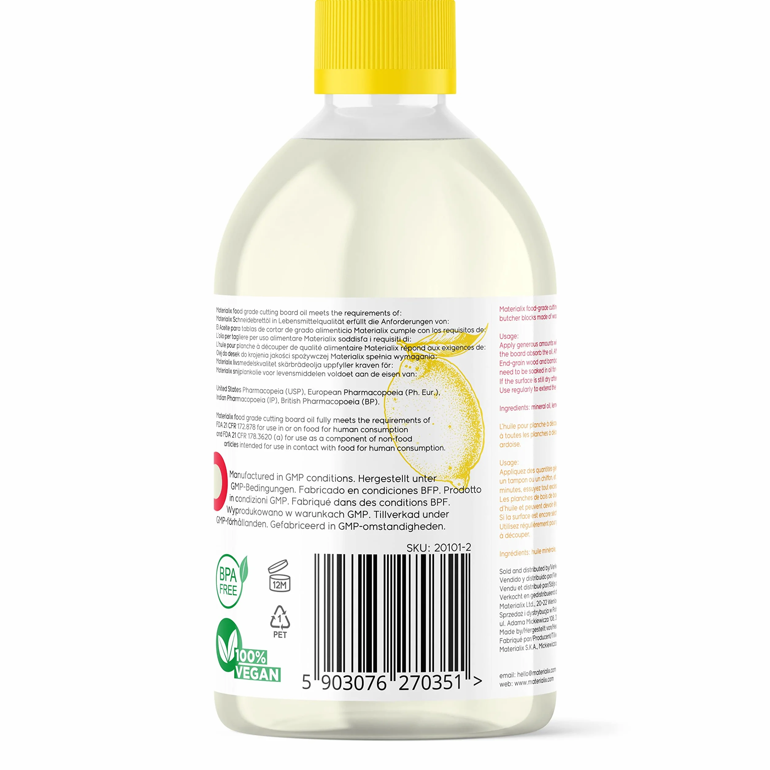 Materialix Aceite para tabla de cortar limón naranja bergamota 500 ml