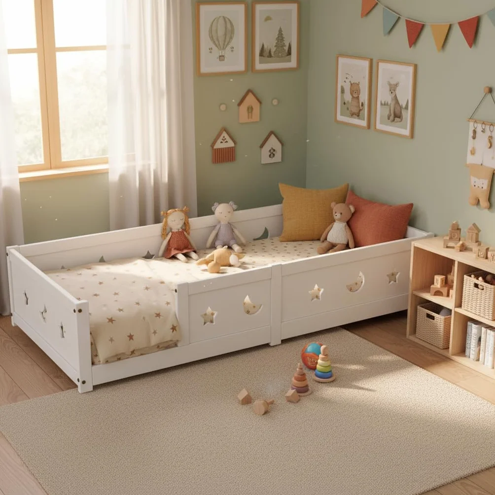 Montessori - Cama de suelo de 90 x 200 cm, con protección anticaída y somier de láminas, diseño de estrellas y luna, cama infantil para niños y niñas, de madera de pino maciza, color blanco (blanco