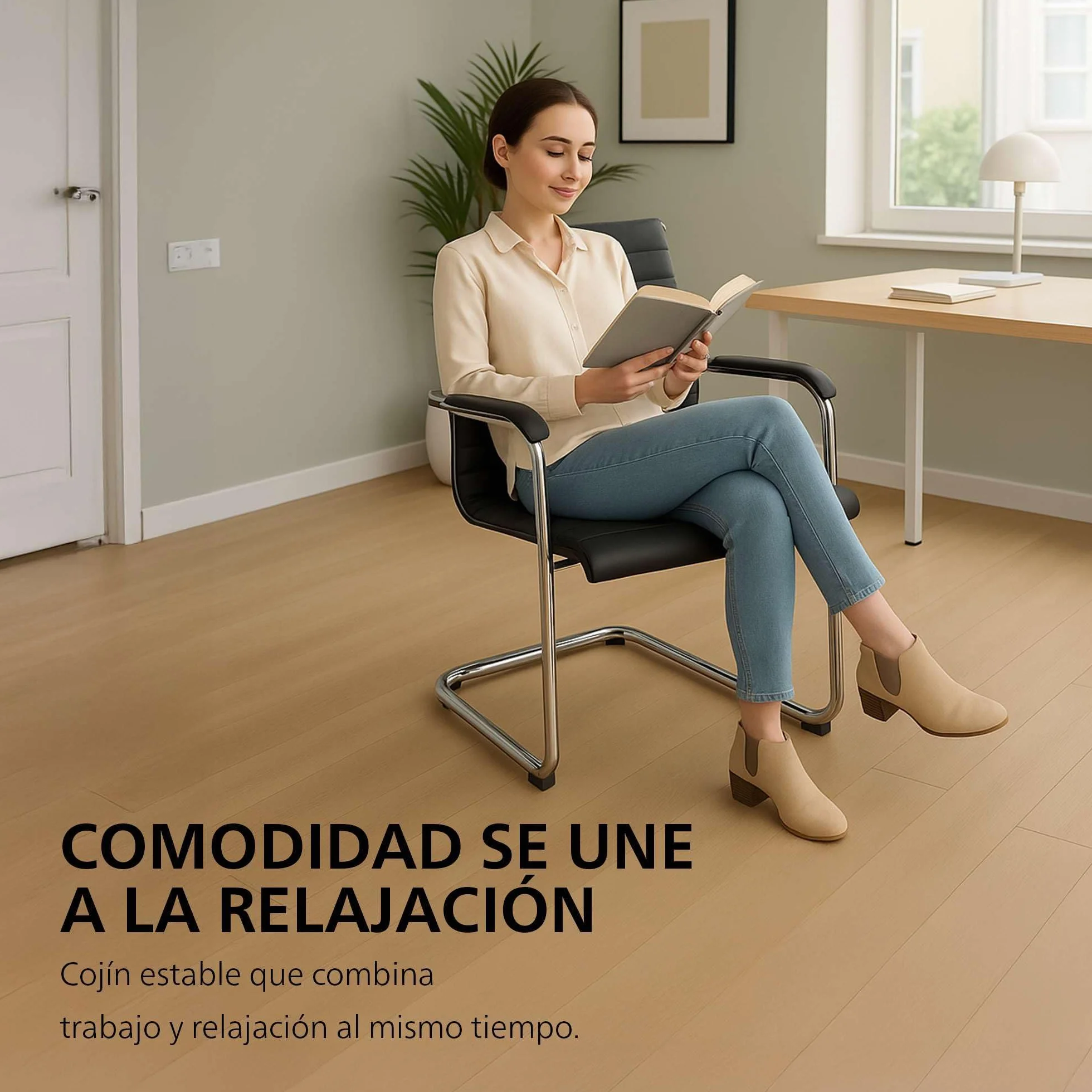 CLP Silla de Oficina ergonómica Hakon, Cantilever con reposabrazos, Estructura de Metal Cromado, Silla de visitante Negra, Color:Negro