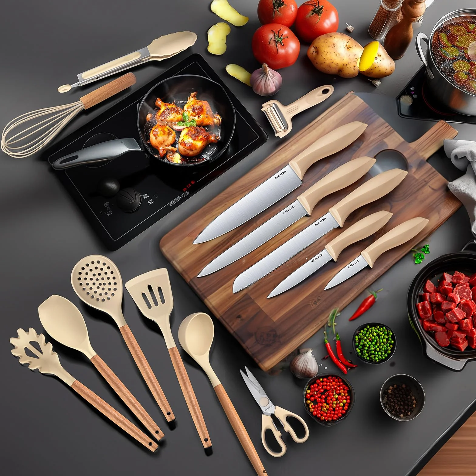 RAXCO Juego de cuchillos de cocina de acero inoxidable de 18 piezas con bloque y afilador