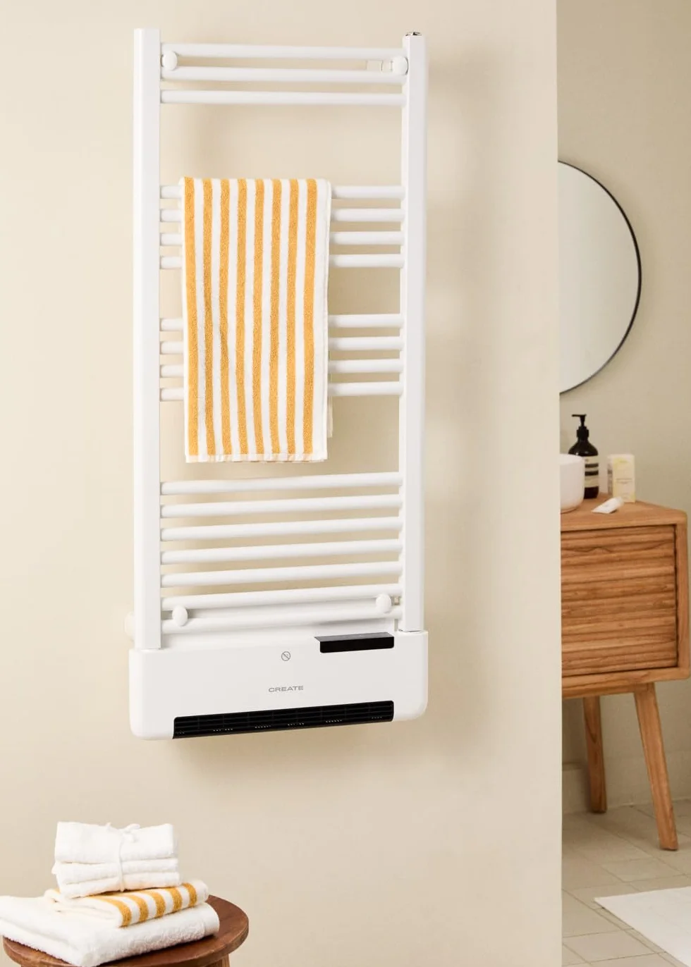 CREATE / Warm Towel Advance/Toallero eléctrico con Calefactor y WiFi Blanco / 51,5x11x115,5 cm/Control Desde la App, Pantalla LDC, 2 potencias, tecnología PTC, deteción Ventanas Abiertas, 1000W