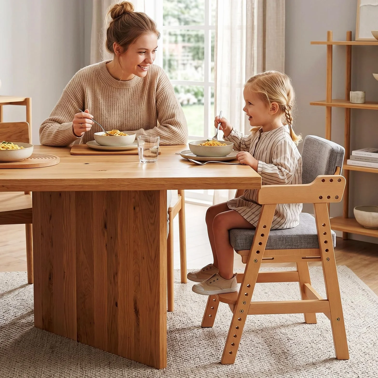 MAMIZO Silla para Niños Madera de Haya, Apta para Niños a Partir de 3 Años, con Altura Regulable y Cojín Cómodo, Silla de Comedor con Soporte hasta 120 kg, para Estudiar y Comer, Color Madera Natural