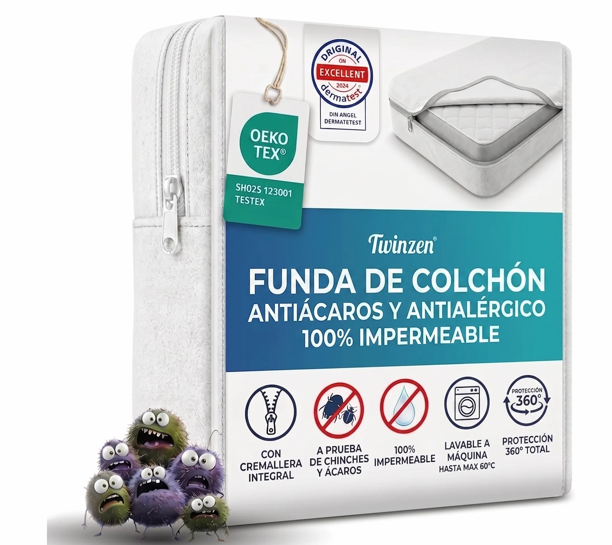 Twinzen - Funda Colchón 135x190 x25 cm - Impermeable Y Antiácaros - Cubre Colchón 135x190 x25cm Cremallera Completo para Protección Total - Bi-Ome & Oeko-Tex