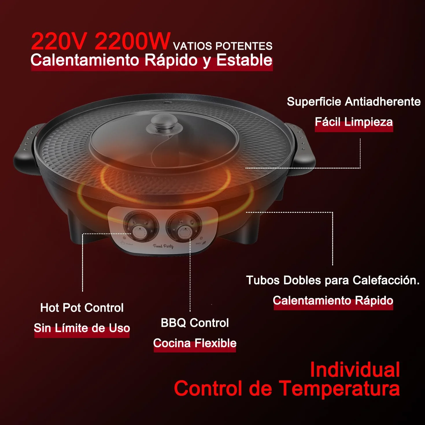 Parrilla Eléctrica sin Humo 220V 2200W 2 en 1 Hotpot Chino Korean BBQ Barbacoa Coreana de Mesa
