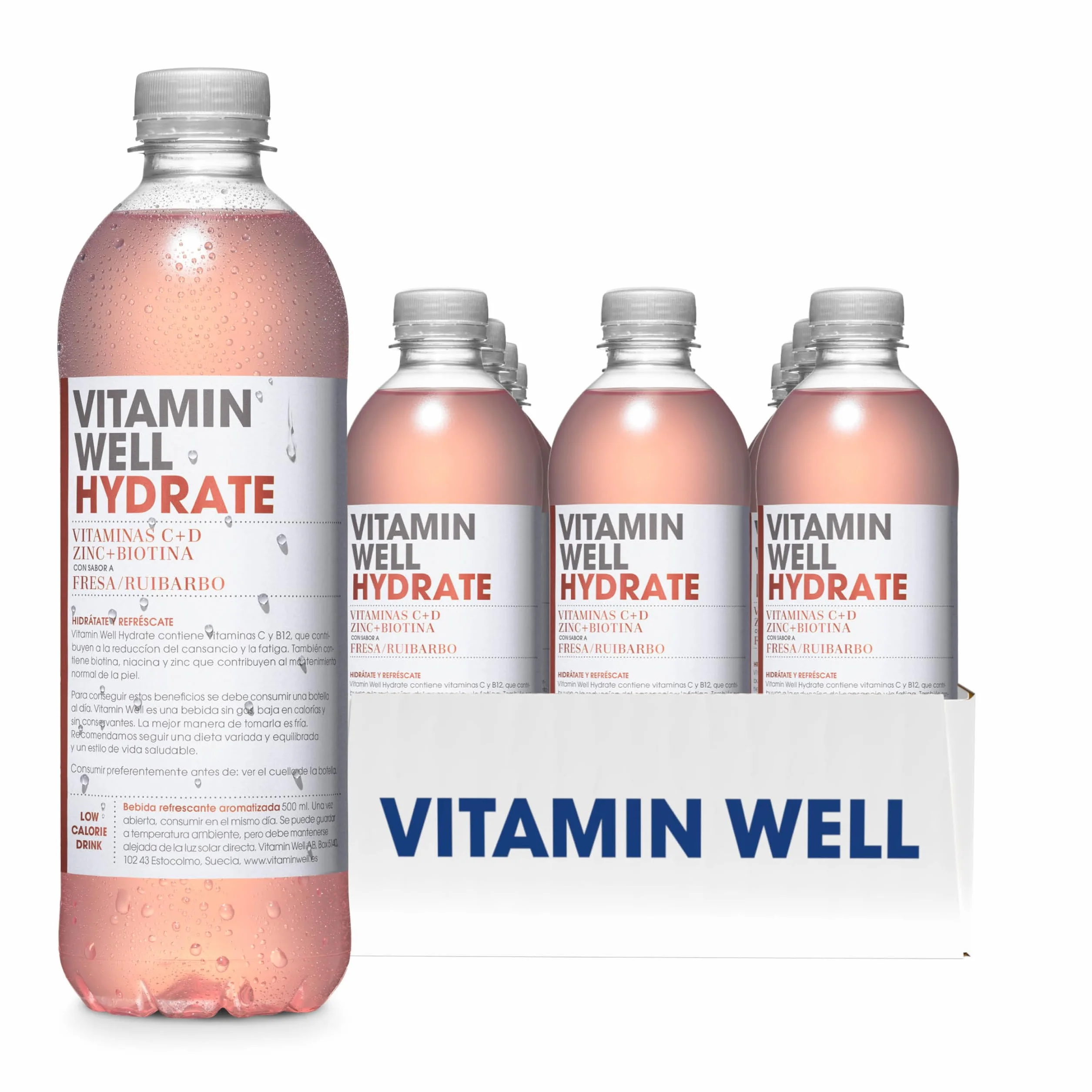 Vitamin Well Hydrate Bebida Enriquecida con Vitaminas C y D, Zinc + Biotina Sabor Fresa/Ruibarbo 12 x 500ml