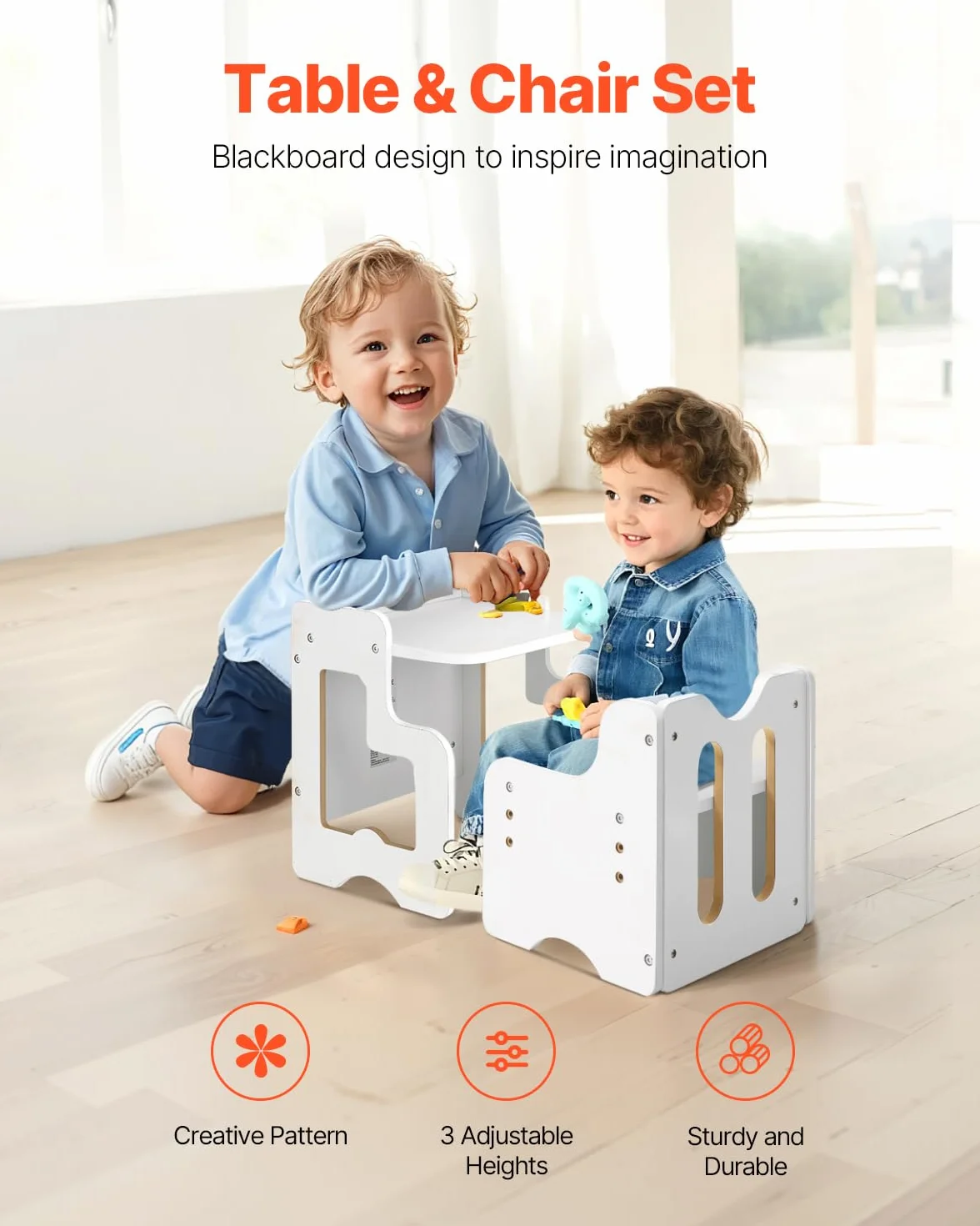 VEVOR 3 en 1 Juego de Mesa y Silla Montessori para Destete con Pizarra, Mesa Montessori de Altura Ajustable 380 x 316 x 400 mm para Leer, Dibujar, Comer y Jugar para Niños de 1 a 5 Años, Blanco