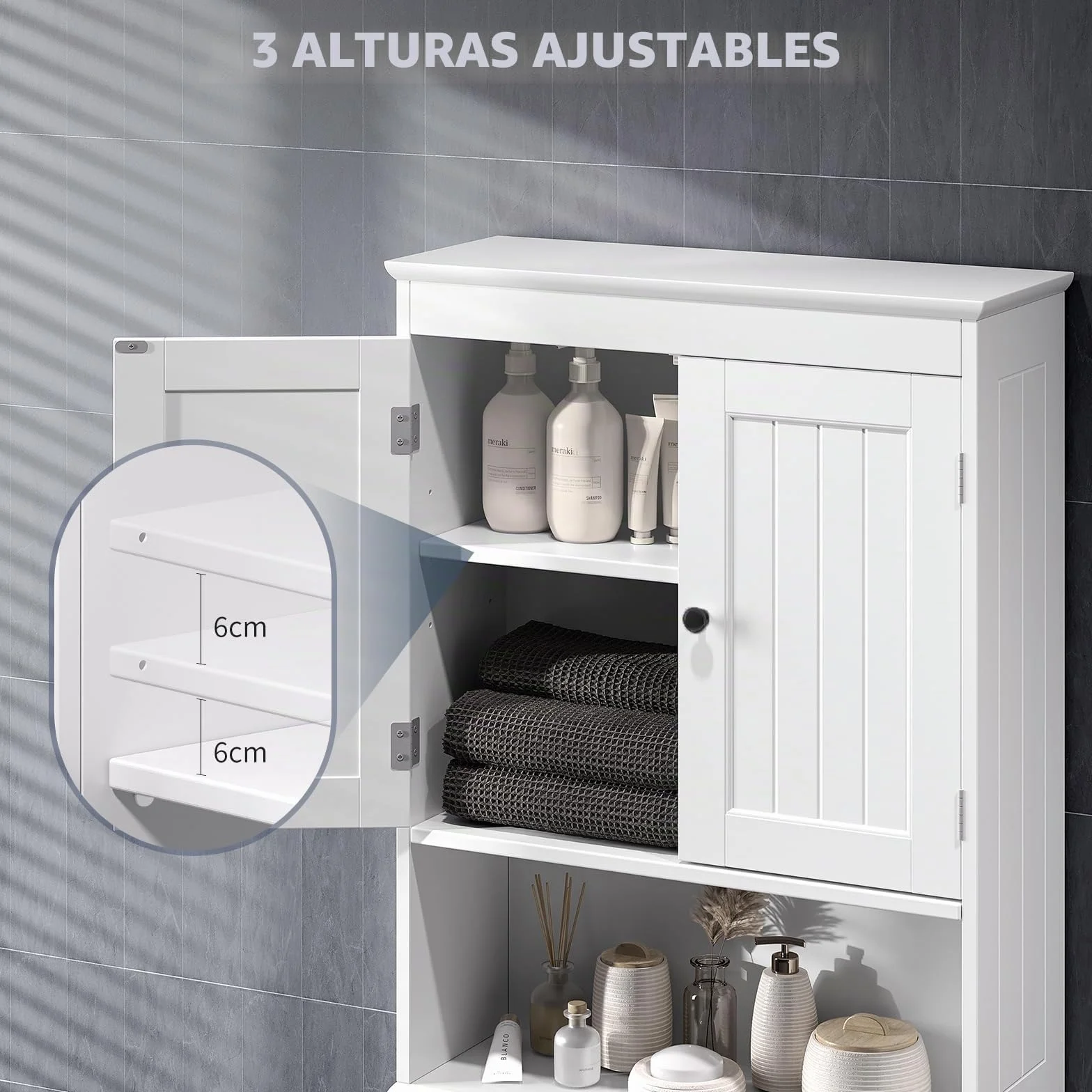 Bealife Mueble sobre Inodoro Armario Alto con 2 Puertas y Estantes Abierto 168x60x24cm