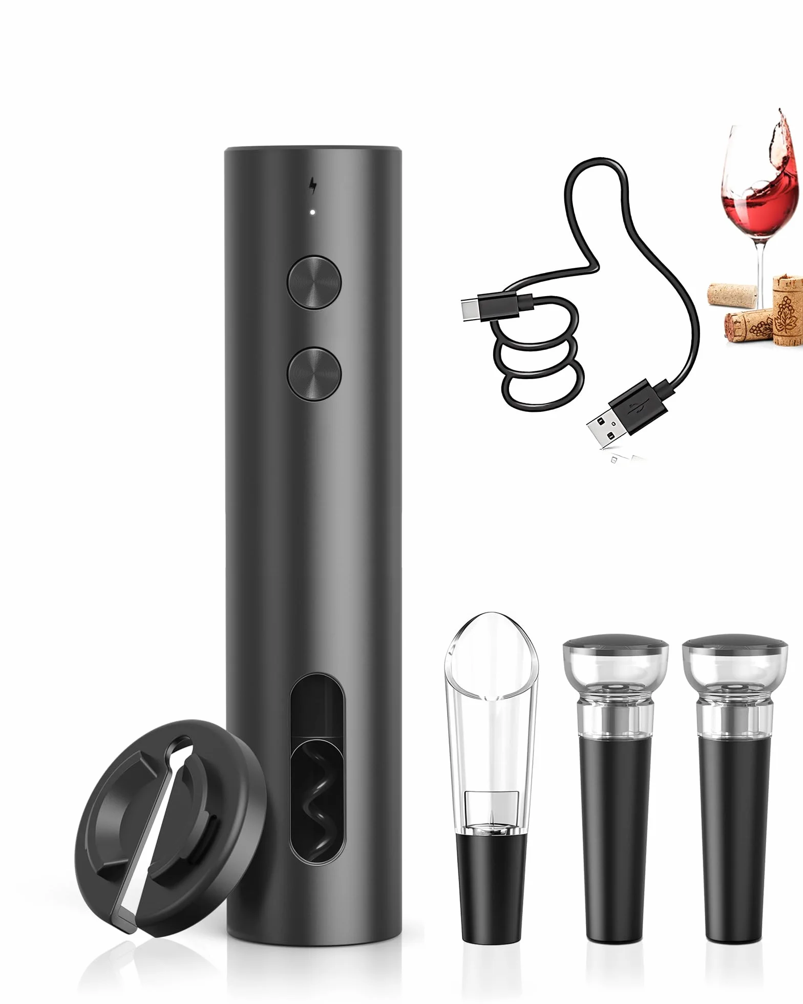 ZOYIDOUX Sacacorchos eléctrico Recargable – Abridor de Vino eléctrico Juego con Cortador de Papel y 2 Tapón de vacío y Vertedor USB, Regalo para Amantes del Vino
