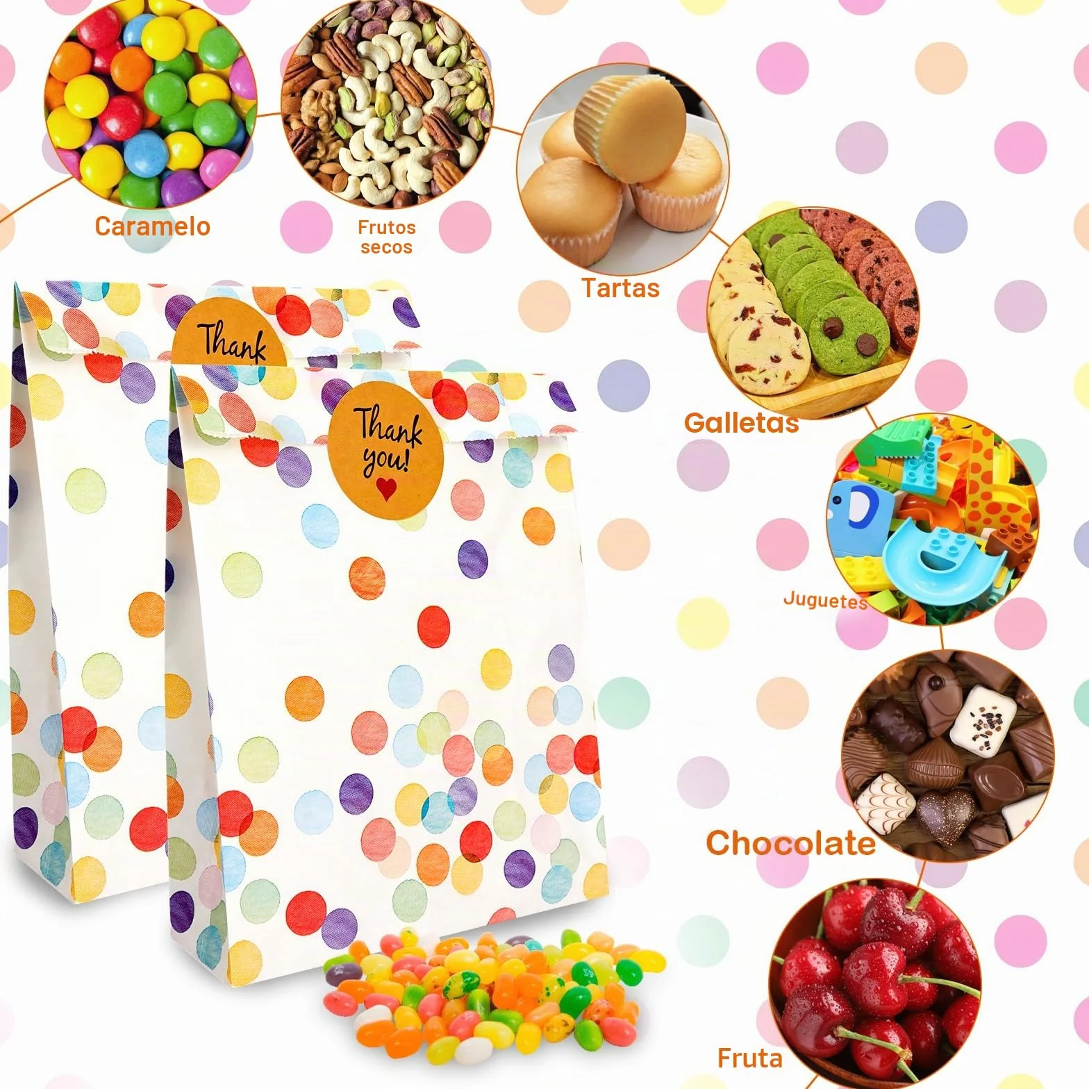 Bomtop 30 Bolsas Cumpleaños Infantil con 36 Pegatinas, Bolsas Chuches Galletas Cumpleaños, Bolsa de Regalo con Lunares de Colores para Envolver Regalos, Fiestas Infantil, Bodas, Navidad, Día del Niño