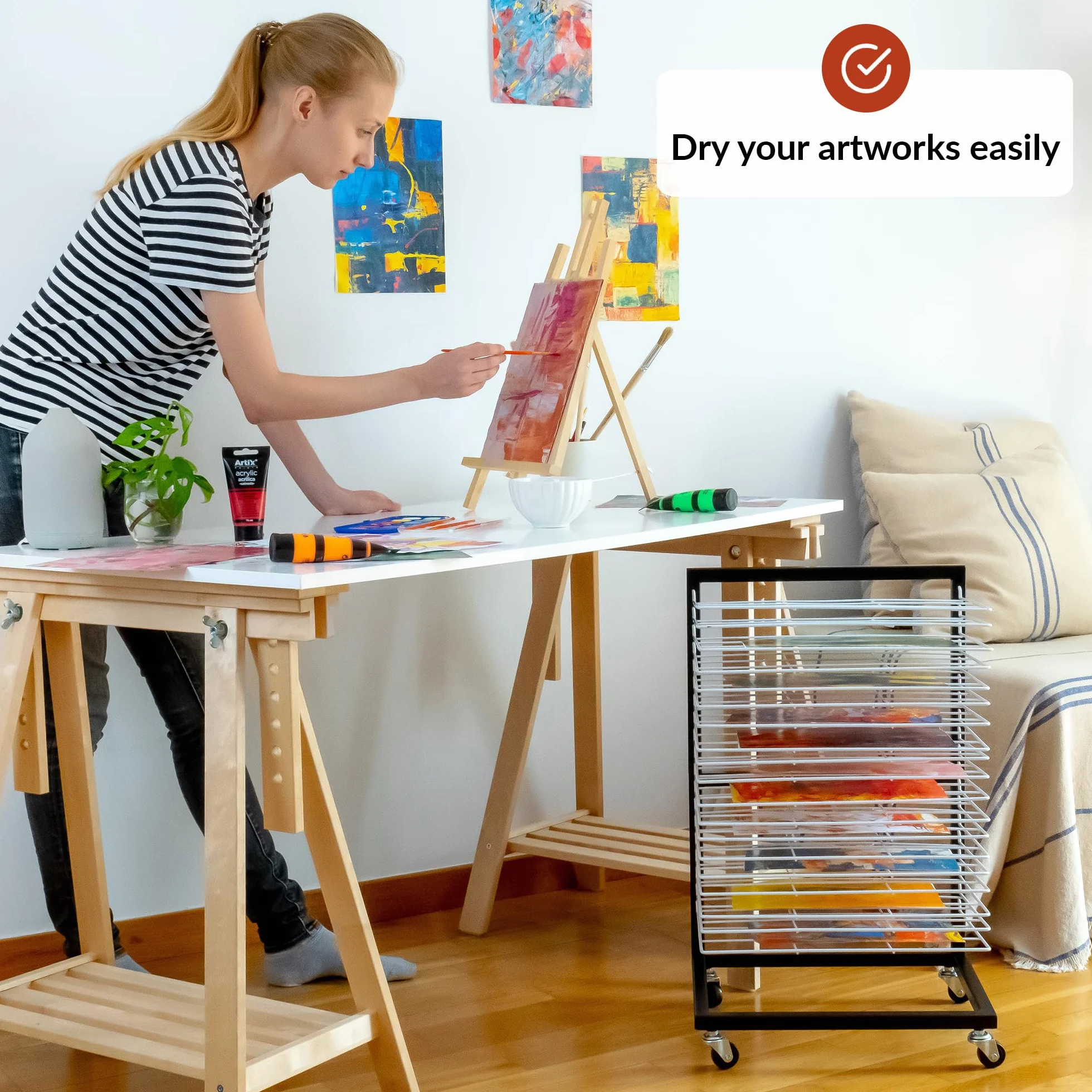 ODOXIA Estante De Secado De Arte Pequeño para Aulas | Estante de Secado de Pintura Portátil y Funcional | 19 Bandejas Extraíbles | Soporte para Lienzos | con Ruedas Art Drying Rack White (Small)