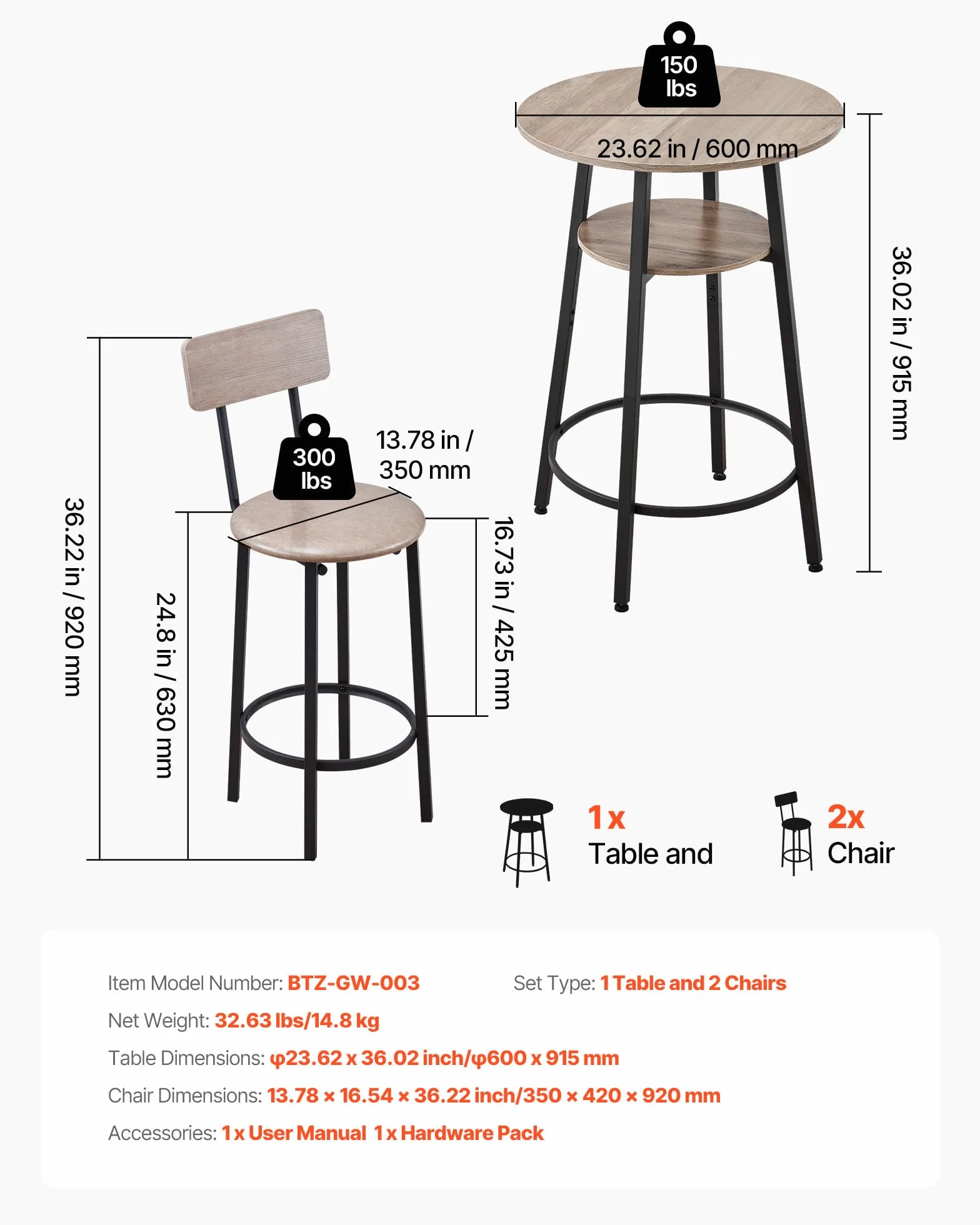 VEVOR Mesa de Bar Redonda con 2 Taburetes 60 x 60 x 91,5 cm, Juego de Mesa Alta para Comedor, Metálica Fuerte Duradera, Estilo Industrial Moderno, para Cocina Salón Bar Estrecho Barra Alta Desayuno