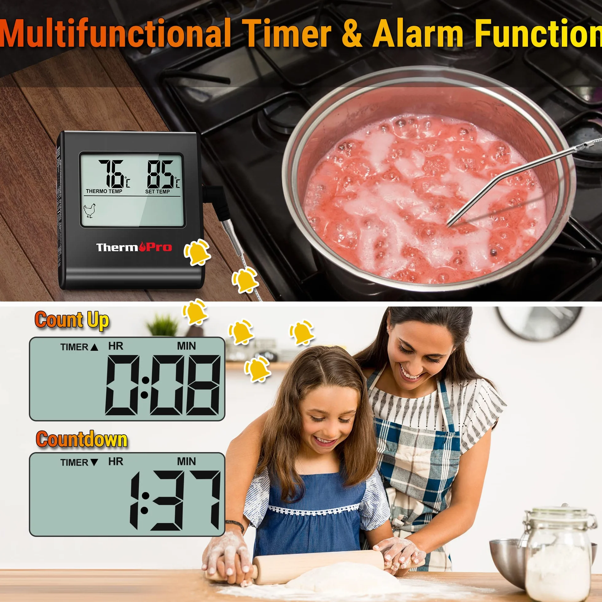 ThermoPro TP16B Termómetro digital de Cocina Carne Alimento para Barbacoa Horno Leche Parrilla con Temporizador y Alarma, la Sonda de Acero inoxidable, Negro