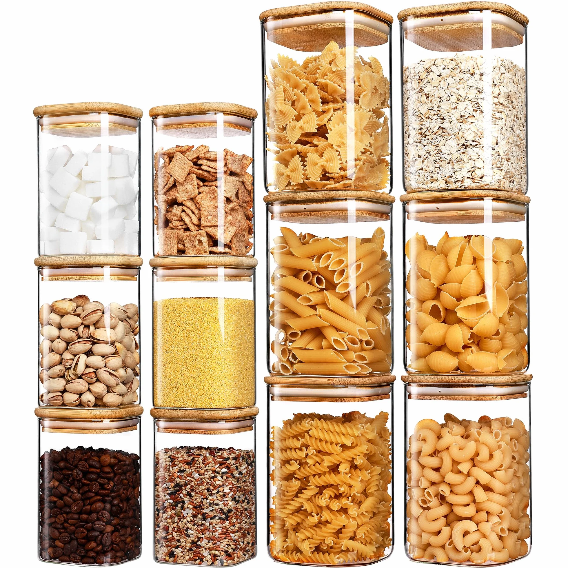 Vtopmart Juego de 12 tarros con tapa, 2 tamaños: 1200ml x 6, 600ml x 6, tarros de cristal con tapa, tarros con tapa de madera para guardar espaguetis