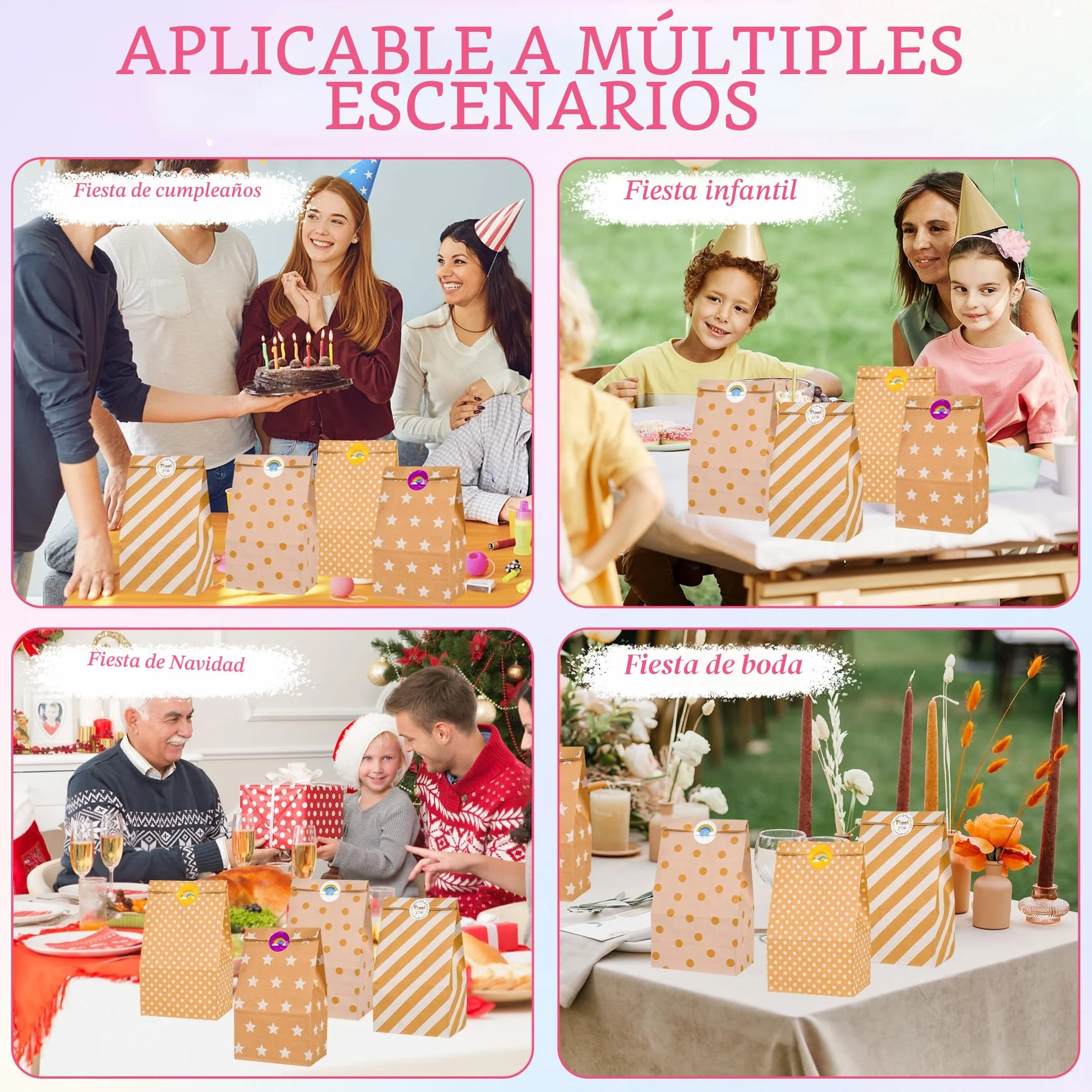 Aurinovellia 20 Piezas Bolsas de Papel Kraft, Bolsas Chuches Cumpleaños con 36 Pegatinas, Bolsa Dulce de Regalo, para Envolver Regalos, Regalos, Celebración, Boda, Fiesta
