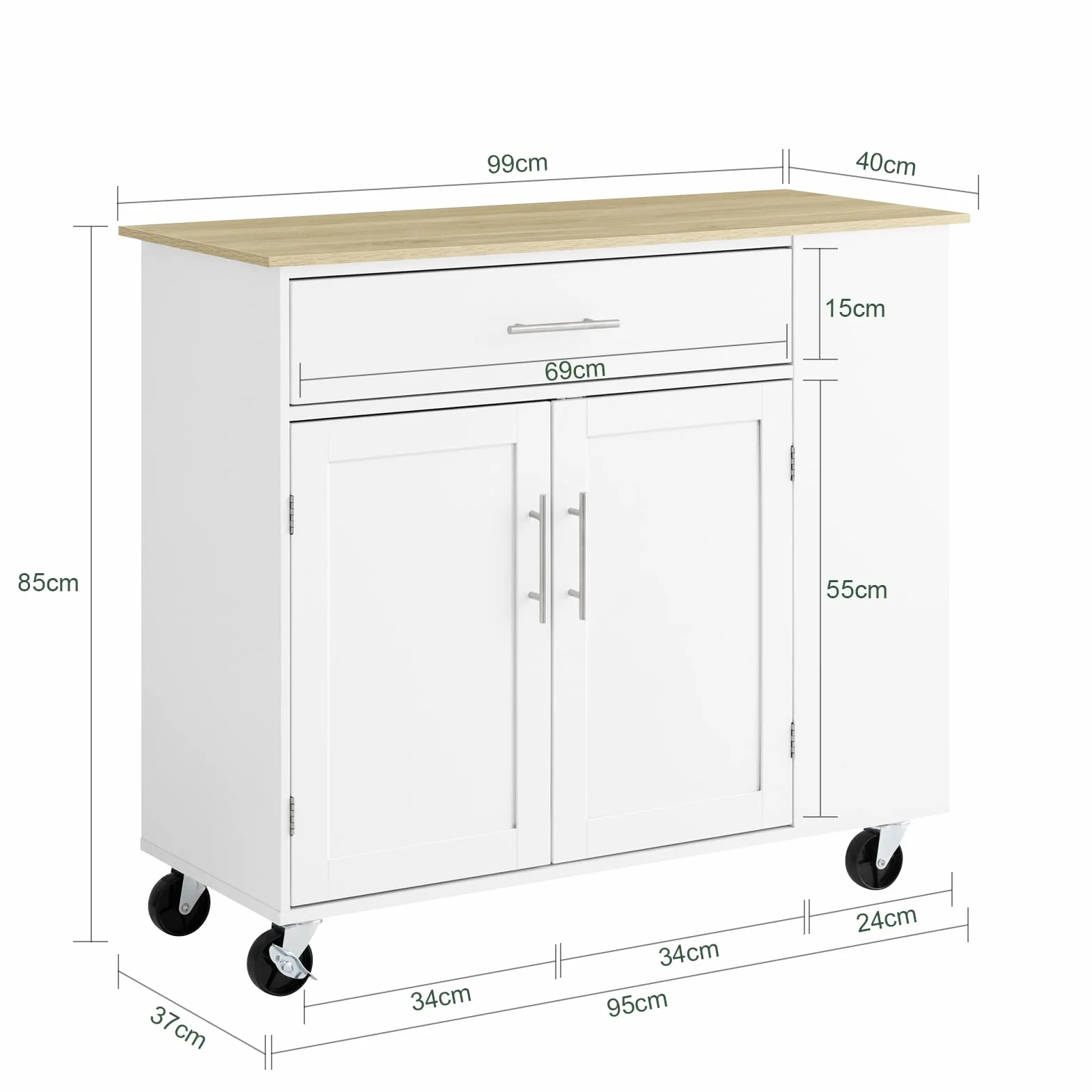 SoBuy Mueble Auxiliar de Cocina con Ruedas y Encimera – Carrito Auxiliar con Cajón y Estante Ajustable – Isla de Cocina con Ruedas, Mueble Cocina Auxiliar Blanco 99x40x85 cm FKW133-WN