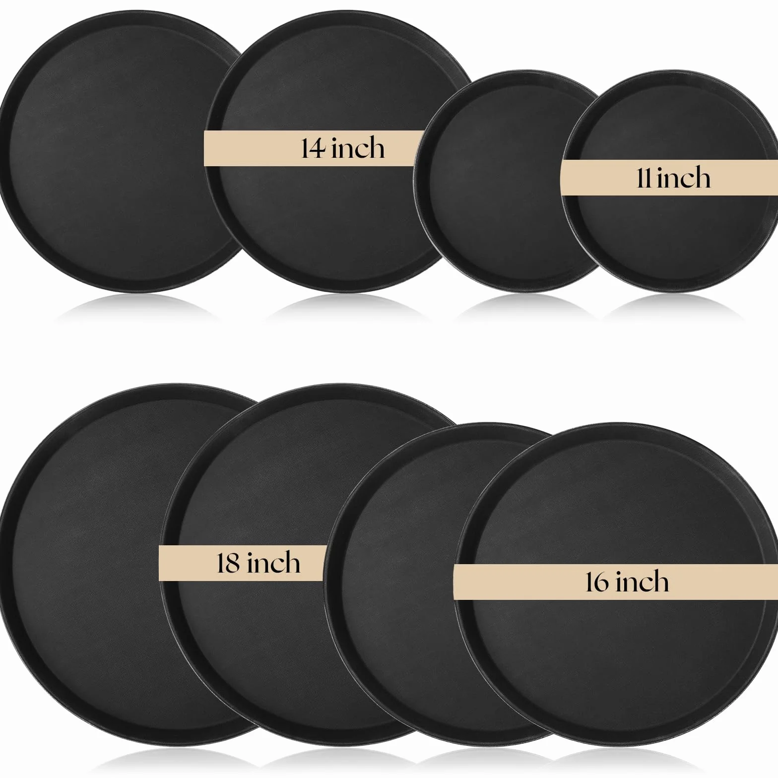 Zopeal Bandeja redonda negra de 8 piezas, superficie antideslizante, bandeja redonda de plástico con bordes elevados para el hogar, cocina, restaurante, cafetería, bar (11 pulgadas, 14 pulgadas, 16